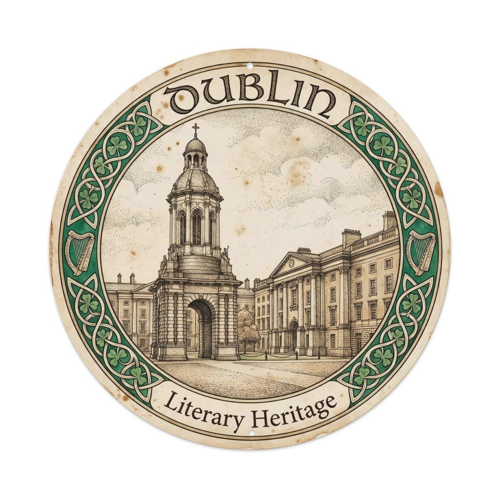 Dublin College Ireland Vintage City Landmark Heritage Metal Tin Sign Plaque Wall Decor for Cafe, Man Cave, Club Bar, Office, Home Garden Round Metal Poster 8x8Inch