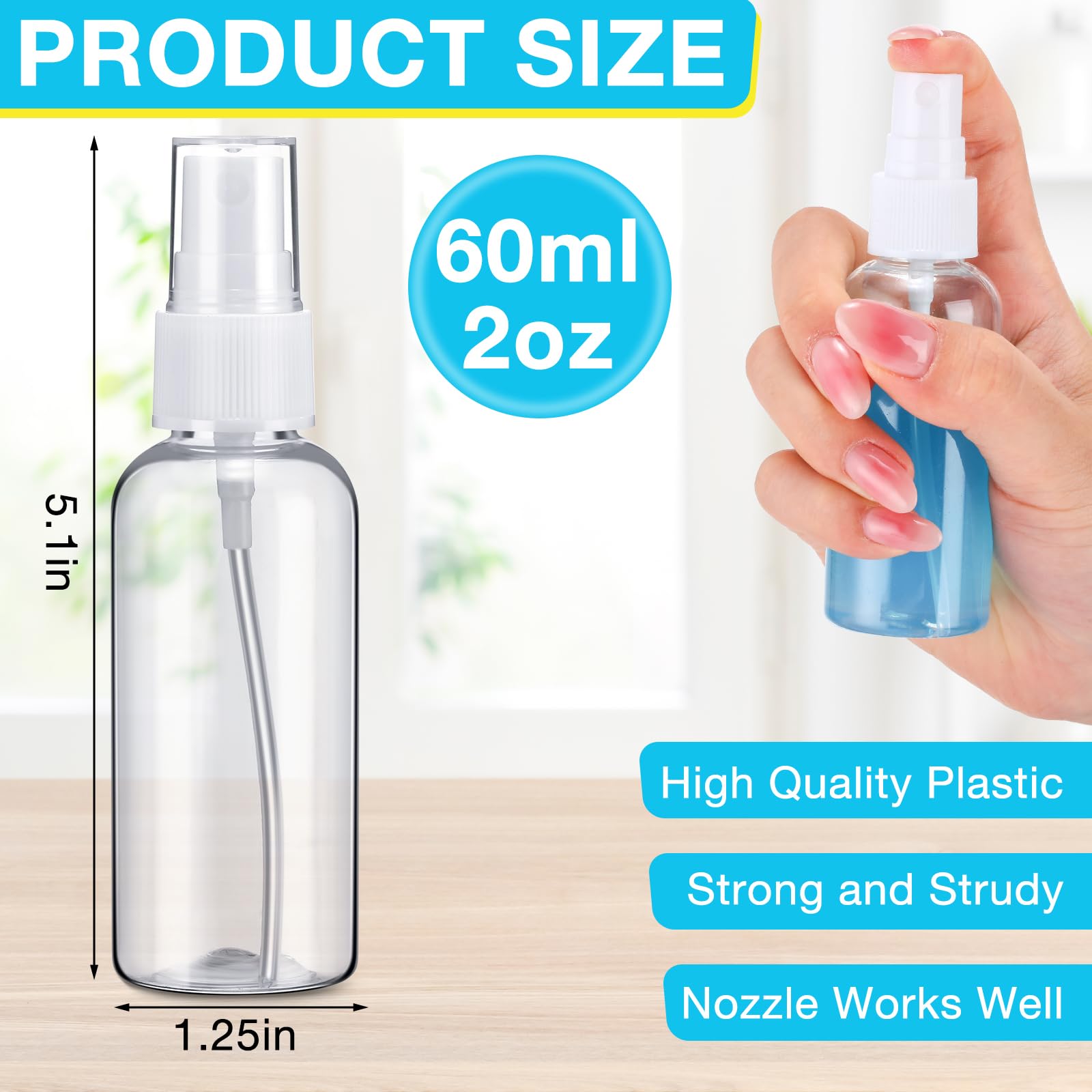 Ljdeals Sprühflaschen 57 Ml Transparent - 2 Stück, Feiner Nebel, BPA-frei, Für ätherische Öle & Reisen