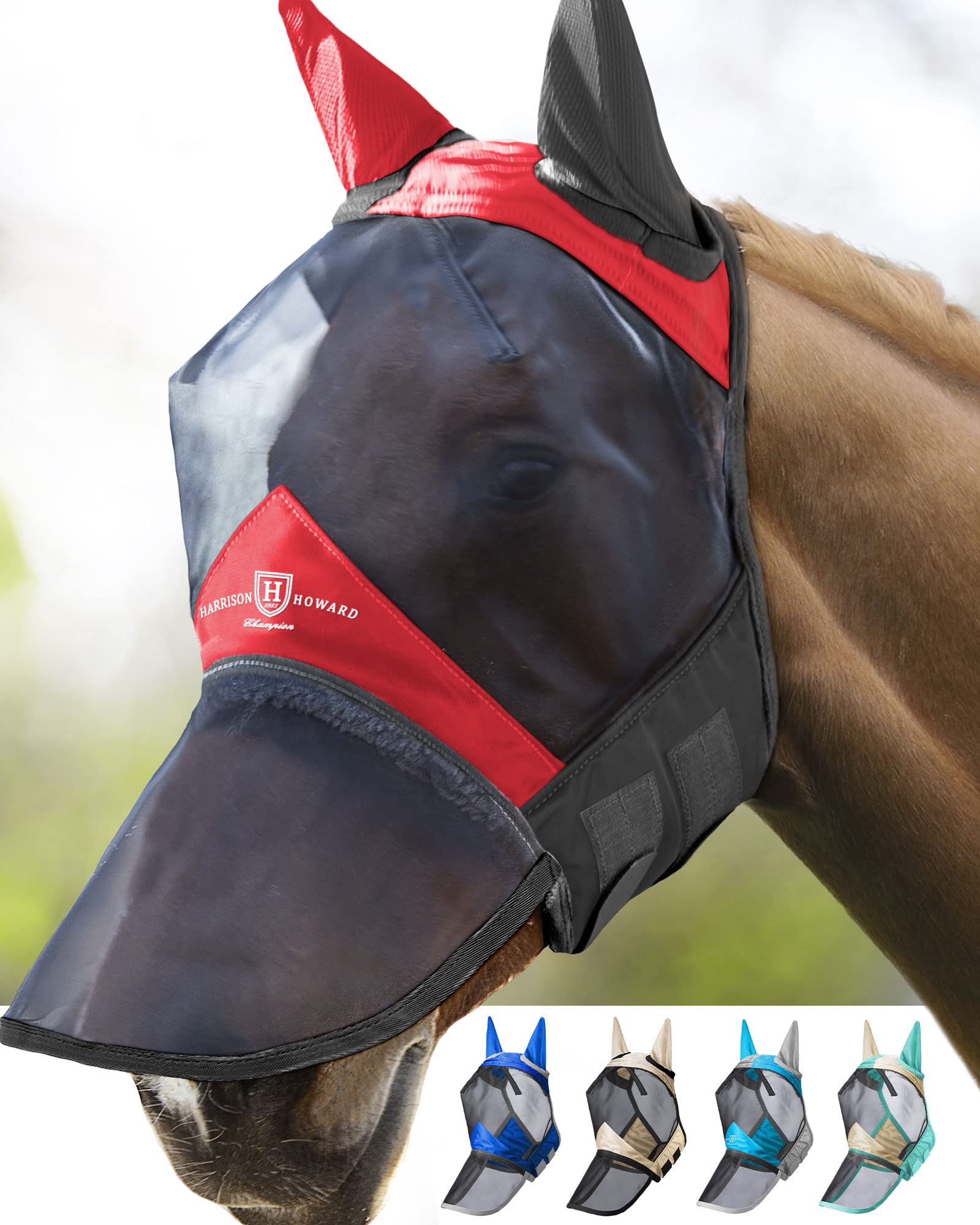 Harrison Howard Pro Luminous Horse Fly Mask Long Nose with Ears UV Protection for Horse Scarlet Red/Black XL Extra Full Size