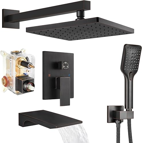 Usperno Juego de sistema de ducha con válvula de equilibrio de presión, juego de grifo de ducha de 3 funciones, cabezal de ducha cuadrado de 10
