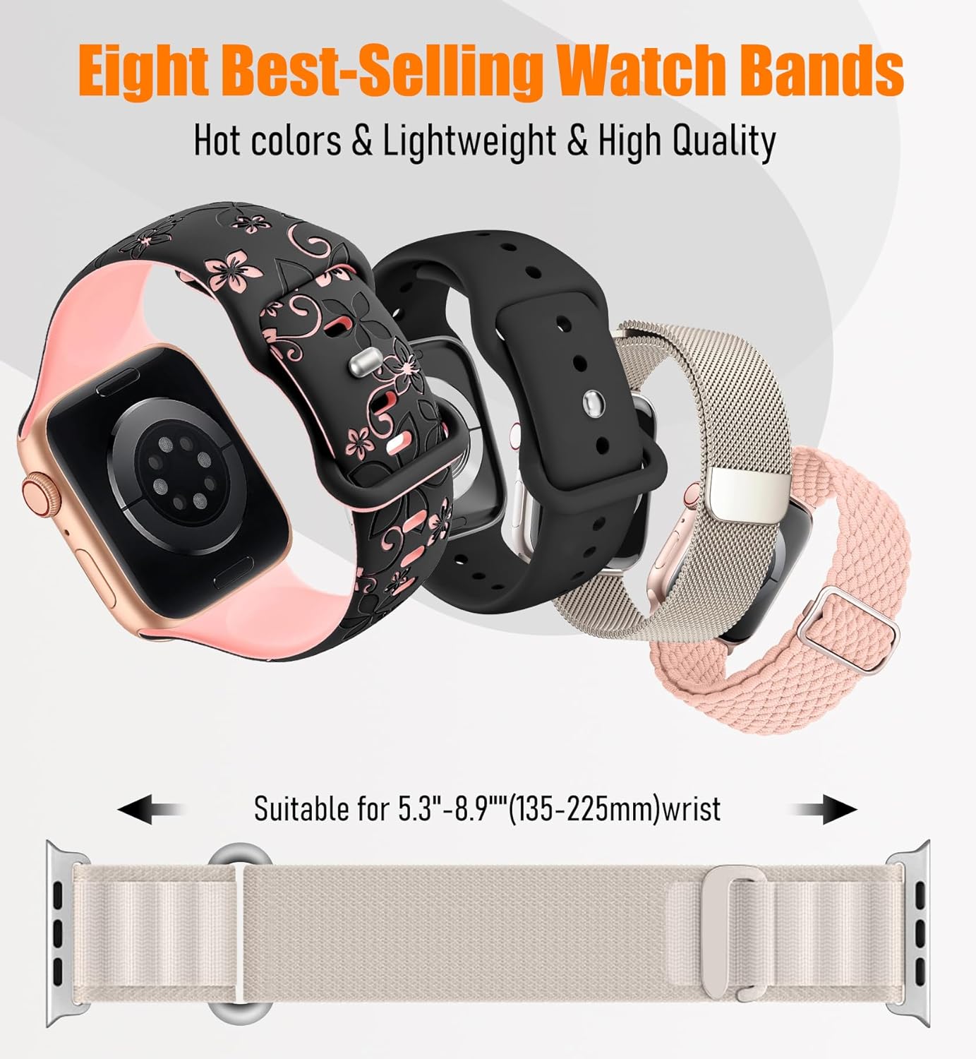 8 Pack Compatible with Apple Watch Ultra 3/2 Band 49mm 46mm 45mm 44mm 42mm Men Women,Engraved Flower Silicone+Sport Band+Milanese Loop+Braided Nylon for iWatch Ultra 3/2/1Series 11/10/9/8/7/6/SE/5/4/3 - Image 2