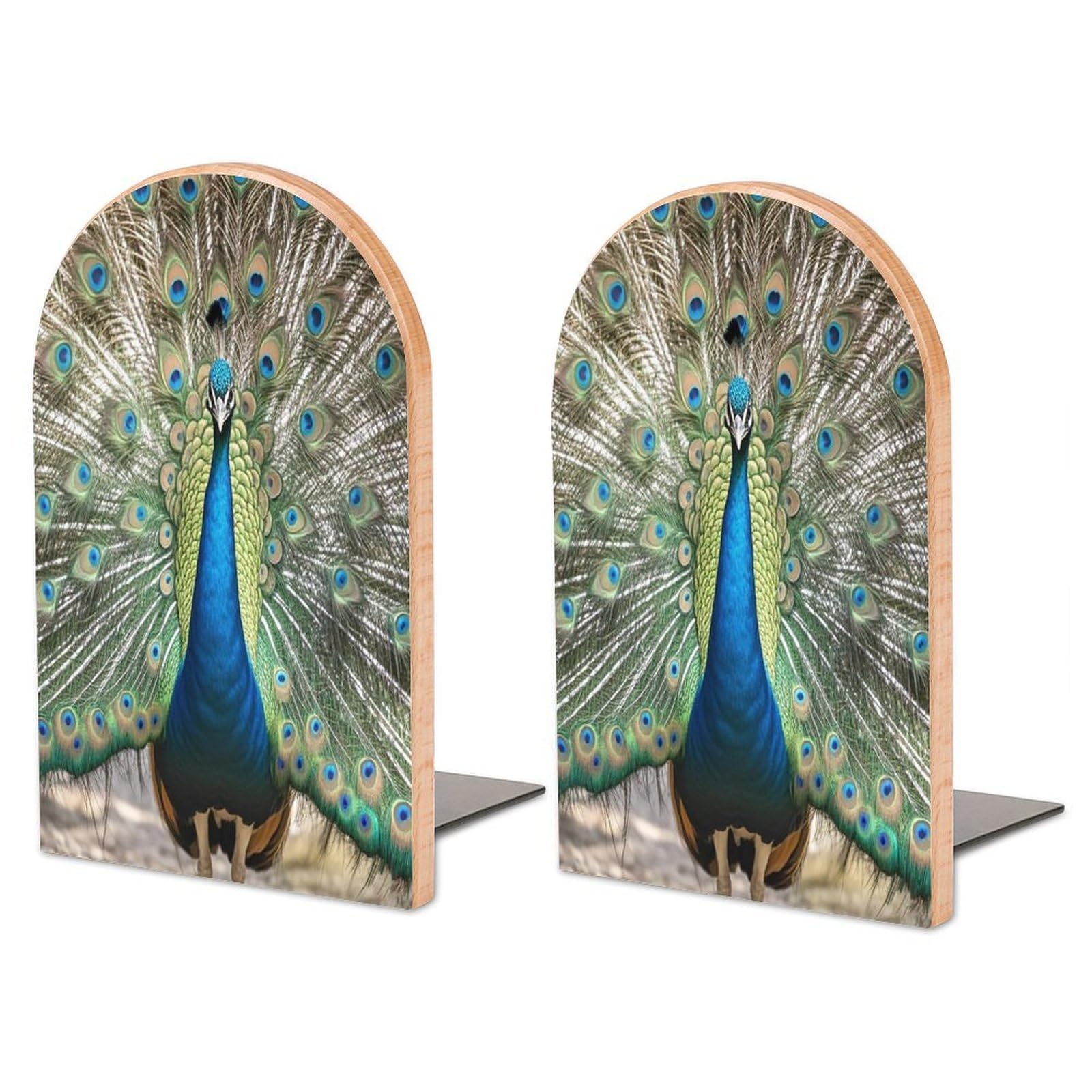 Peacock Pattern Wood Bookend for Shelves 1 Pair