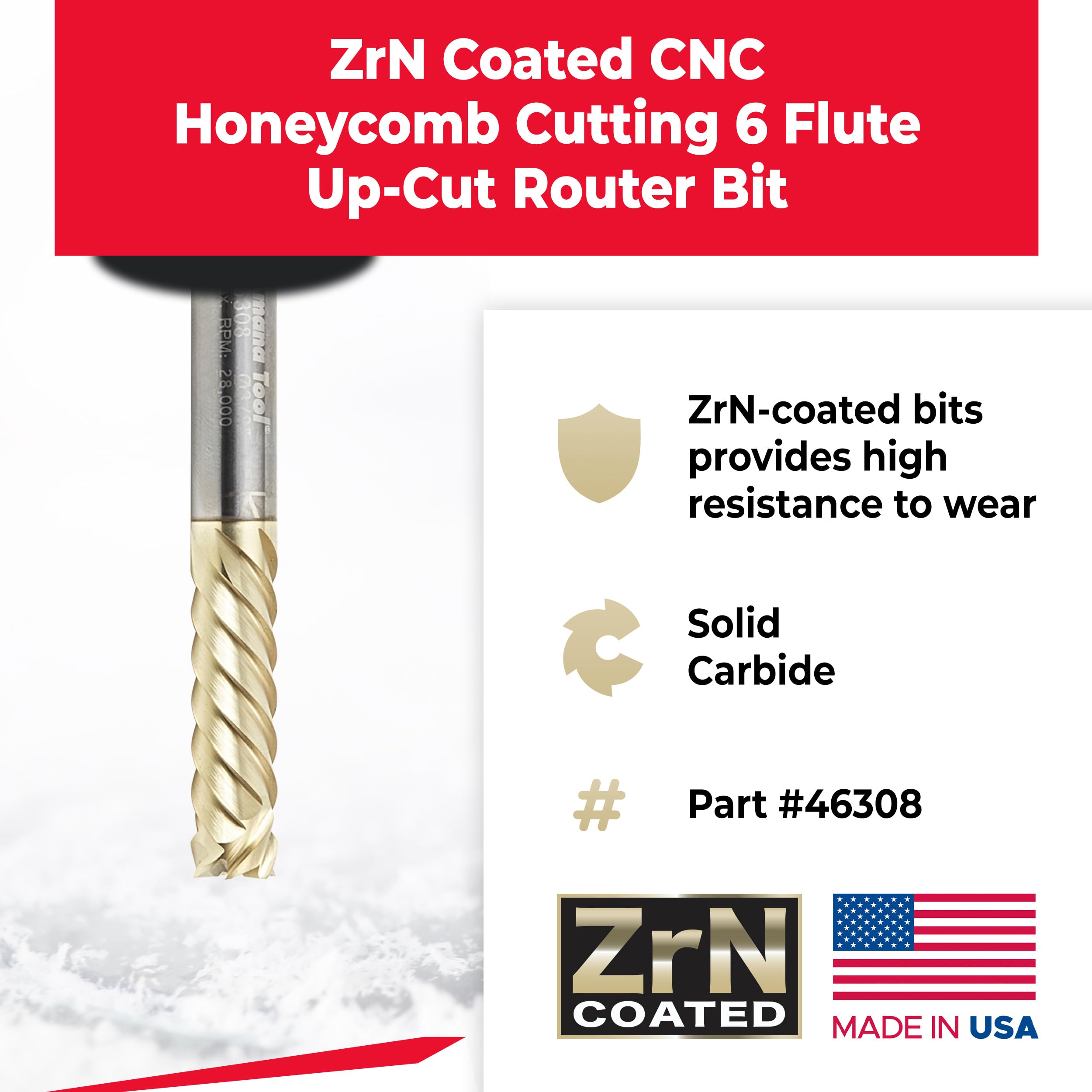 Amana Tool CNC Compression Solid Carbide Honeycomb Cutting Spiral Router Bit, ZrN Coated, 46308, 3/8 Dia x 1-1/4 x 3/8 Shank x 6-Flute