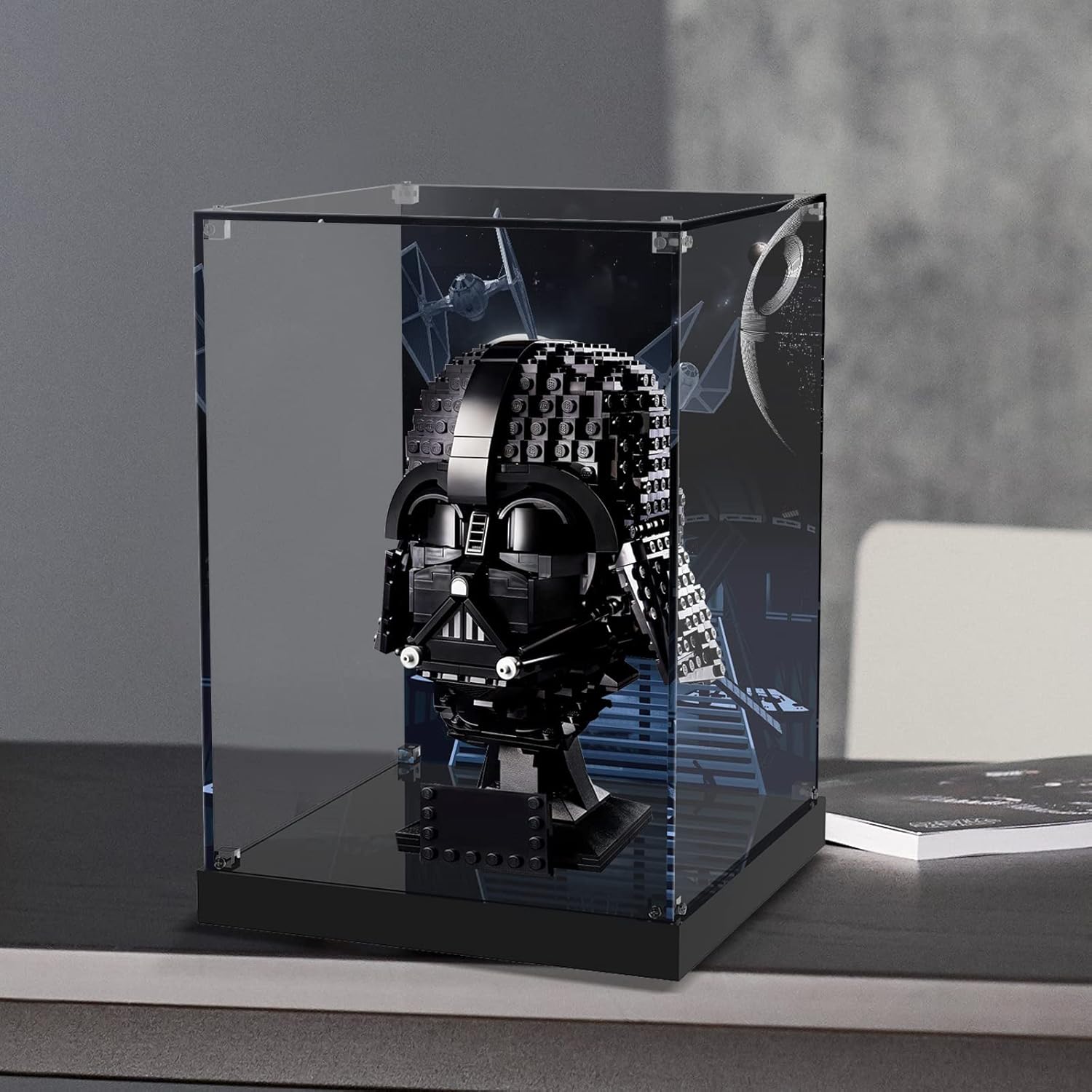 Acrylic Display Case for Lego 75304 Star Wars Darth Vader Helmet Black Head Building Block Model(Only Box , No Model) Customized Decorative Box, Clear Acrylic Plate with Base & Painted Background