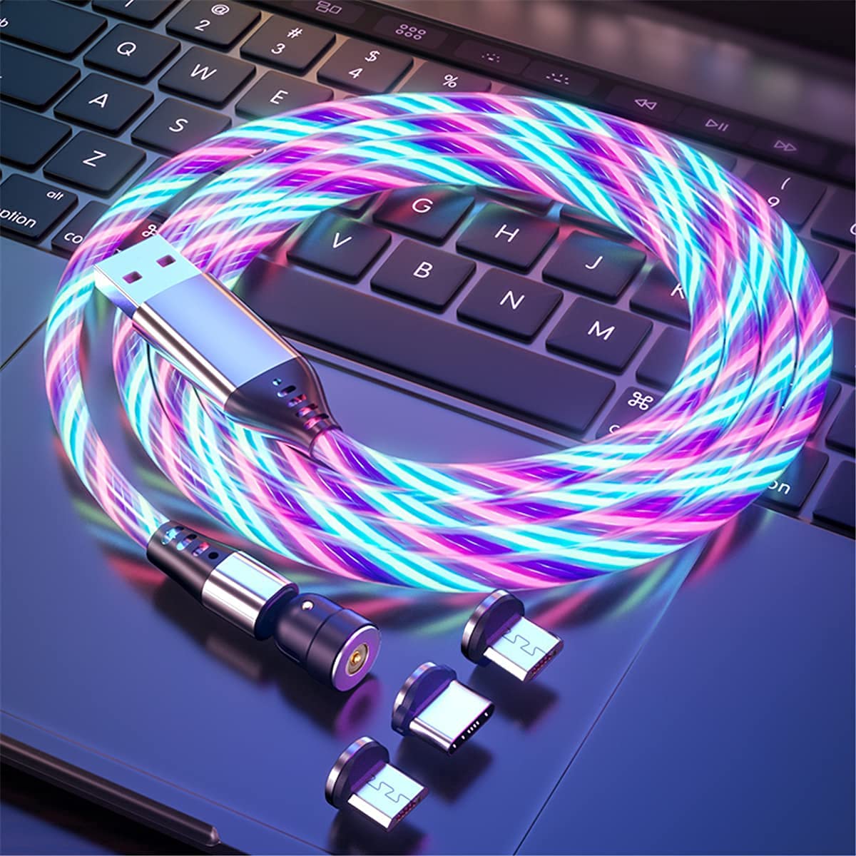 Flowing LED Magnetic Charging Cable 1M/2M 360° & 180° Rotation 3 in 1 Magnetic Cable Visible Colorful Light up USB Charger Cable Compatible with Android,Micro USB,Type C/USB C,iP,Smartphone,Tablet