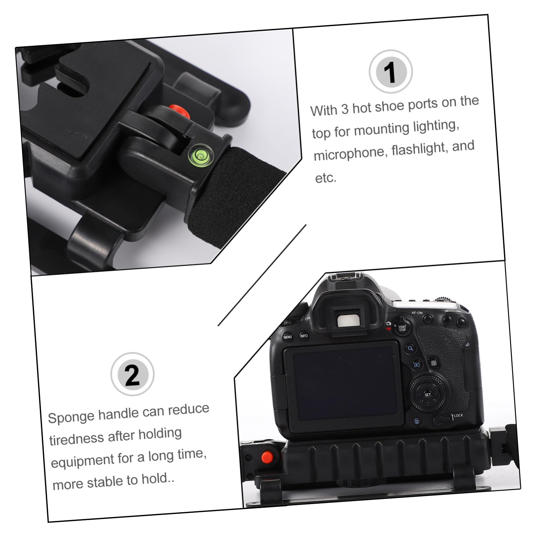 FRCOLOR Estabilizador de Cámara Negro para Cámaras Réflex y Dv con 3 Conexiones Zapata y Montaje para Micrófono y Luz, Soporte Profesional para Grabación Estable