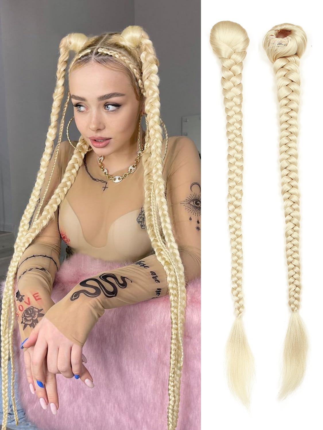 WIGER Blonde Drawstring Braided Ponytail for Women 34 Inch Long DIY Ponytail Extensions Yaki Straight Clip-In Hair Extension Fake Braided Hairpieces