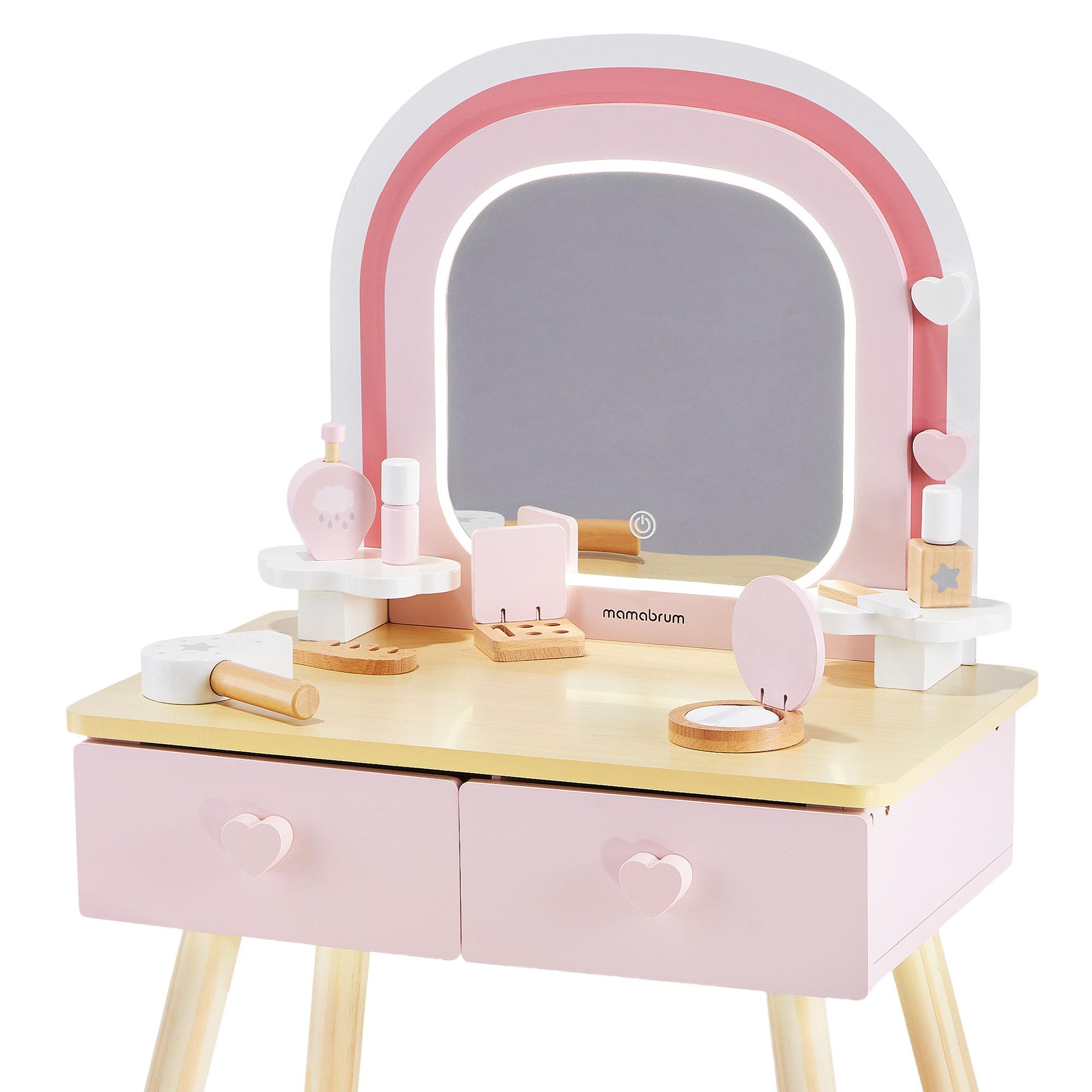 mamabrum Toeletta In Legno Per Bambini Con Specchio LED, Luce Regolabile, Sgabello E Accessori – Arredo Educativo E Creativo Ideale Per La Cameretta E Il Gioco Di Ruolo