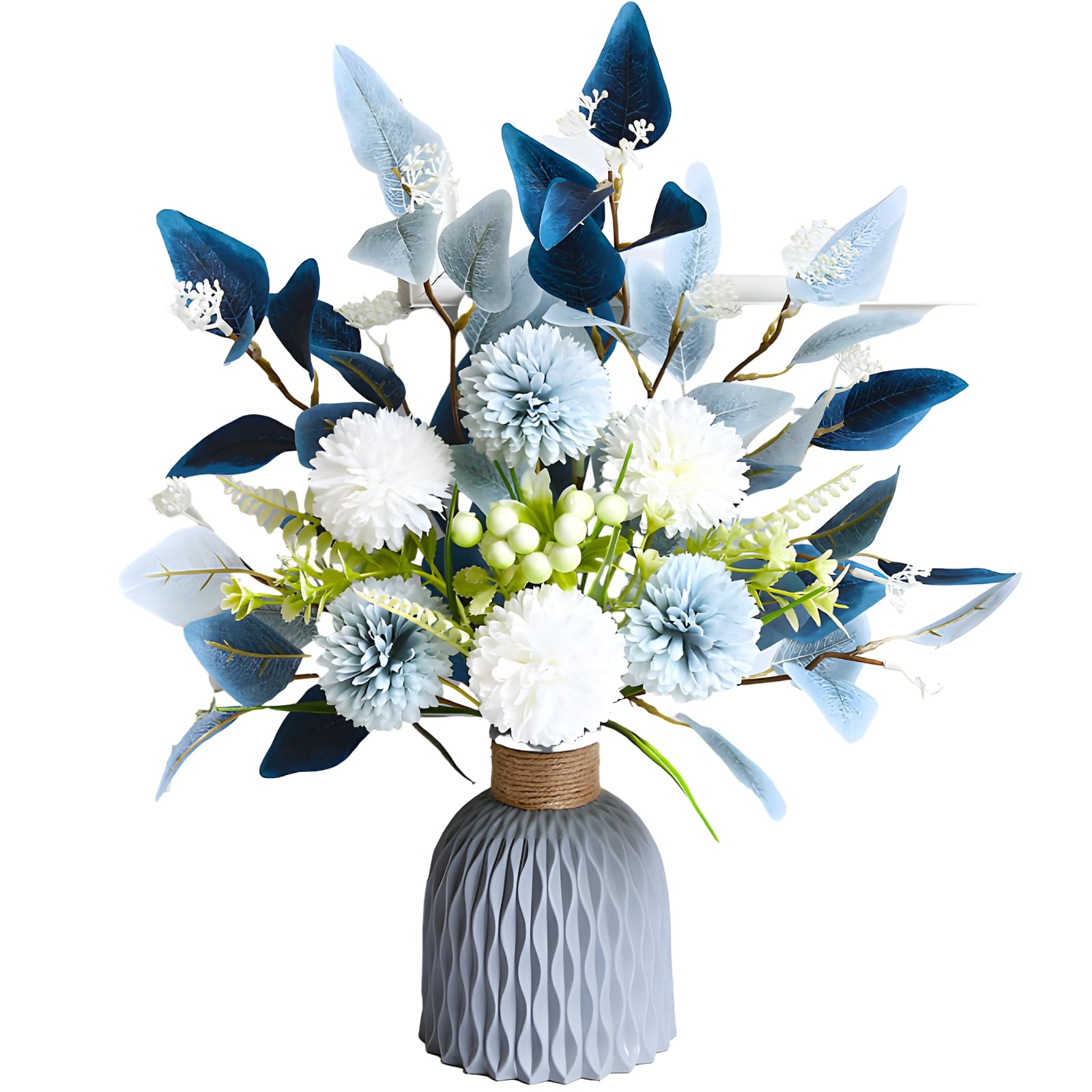 Packool Hydrangea Artificial Flowers in Vase, Blue and White Faux Hydrangea Arrangement, Modern Gray Textured Vase, Elegant Wedding and Home Decoration