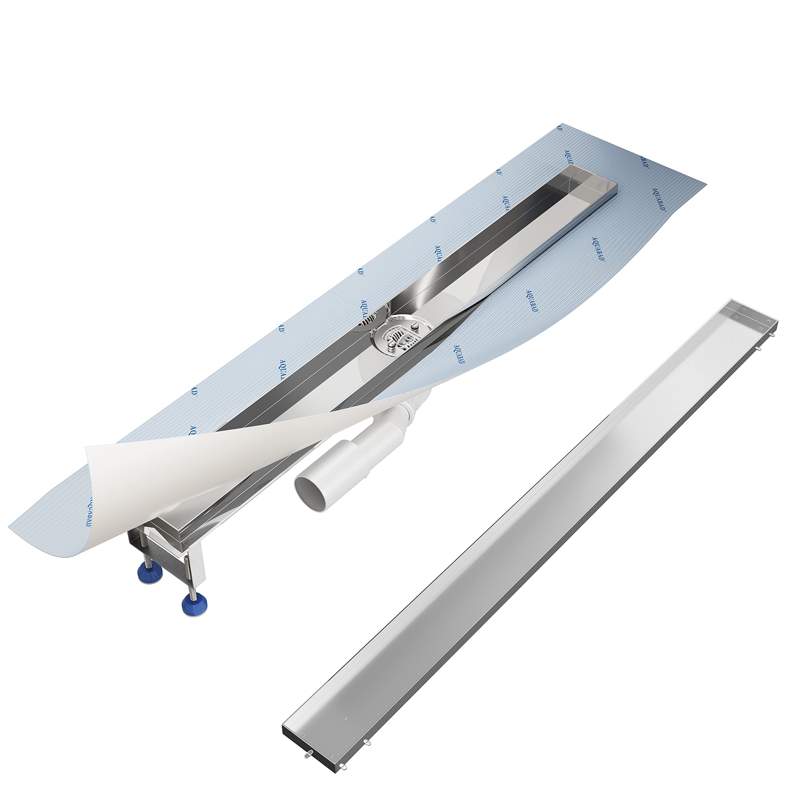 SET completo - Canalina Doccia lucida 120 cm AQUABAD® SDS Premium in acciaio inox, incluso il setaccio per capelli, Domoplex l'uscita orizzontale, il coperchio piastrellabile e il set di base