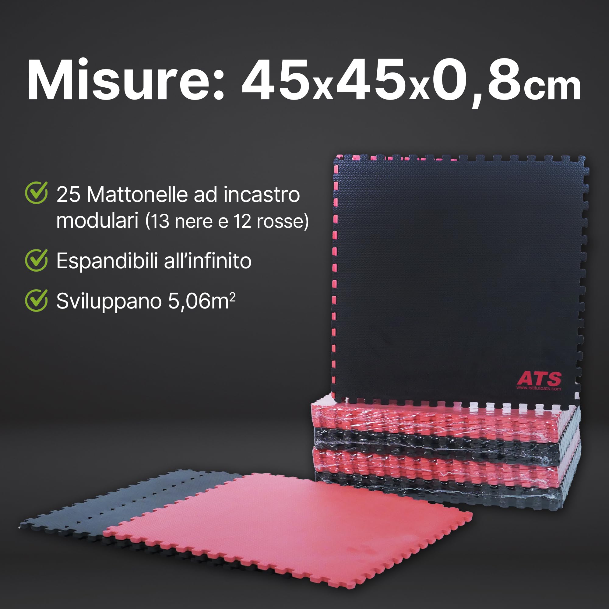 Tappeto Puzzle Palestra 5,06 m² - 25 Pezzi 45cm (13 Neri, 12 Rossi), Spessore 8 mm - Tappeto Gomma Antiscivolo per Home Gym, Area gioco Bambini, Allenamento Casa, Salvapavimento