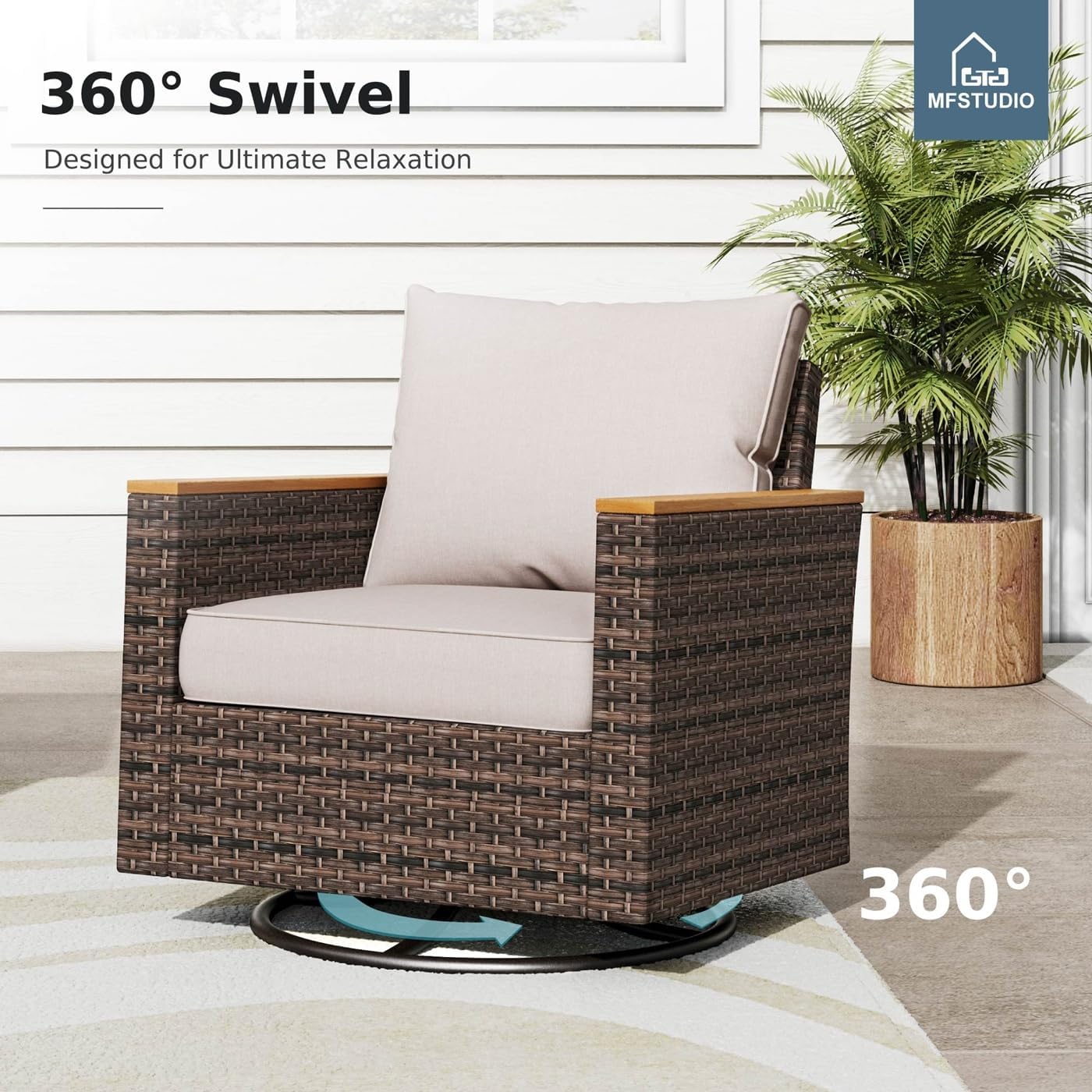 MFSTUDIO 9 Piece Swivel Glider Patio Furniture Sets with 56" Fire Pit Table, All-Weather PE Rattan Outdoor Sectional Sofas Oversized Wicker Patio Conversation Set with 50000 BTU Fire Pit, Beige