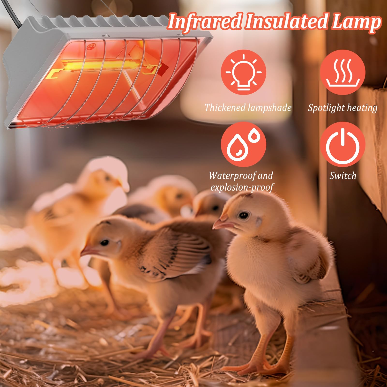 Lampa grzewcza dla piskląt, 250 W, czerwone światło, lampa grzewcza, kurnik z przełącznikiem oszczędnym, kabel zasilający 1,8 m, automatyczna termostatyczna lampa na podczerwień dla kur, kaczek