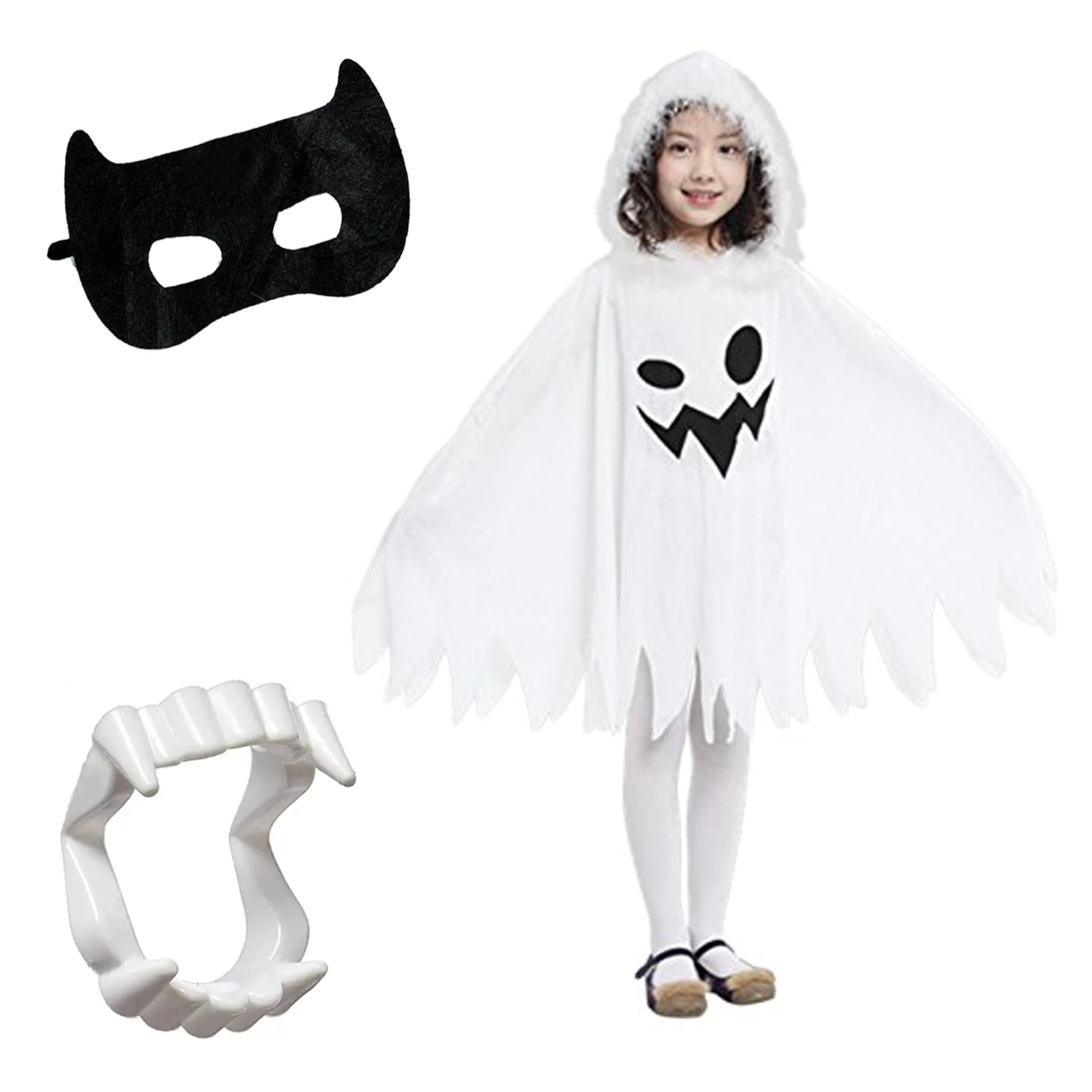Kaku Fancy Dresses Polyester Halloween White Cloak With Teeth & Mask Fancy Dress Halloween Costume For Kids, 7-8 Years