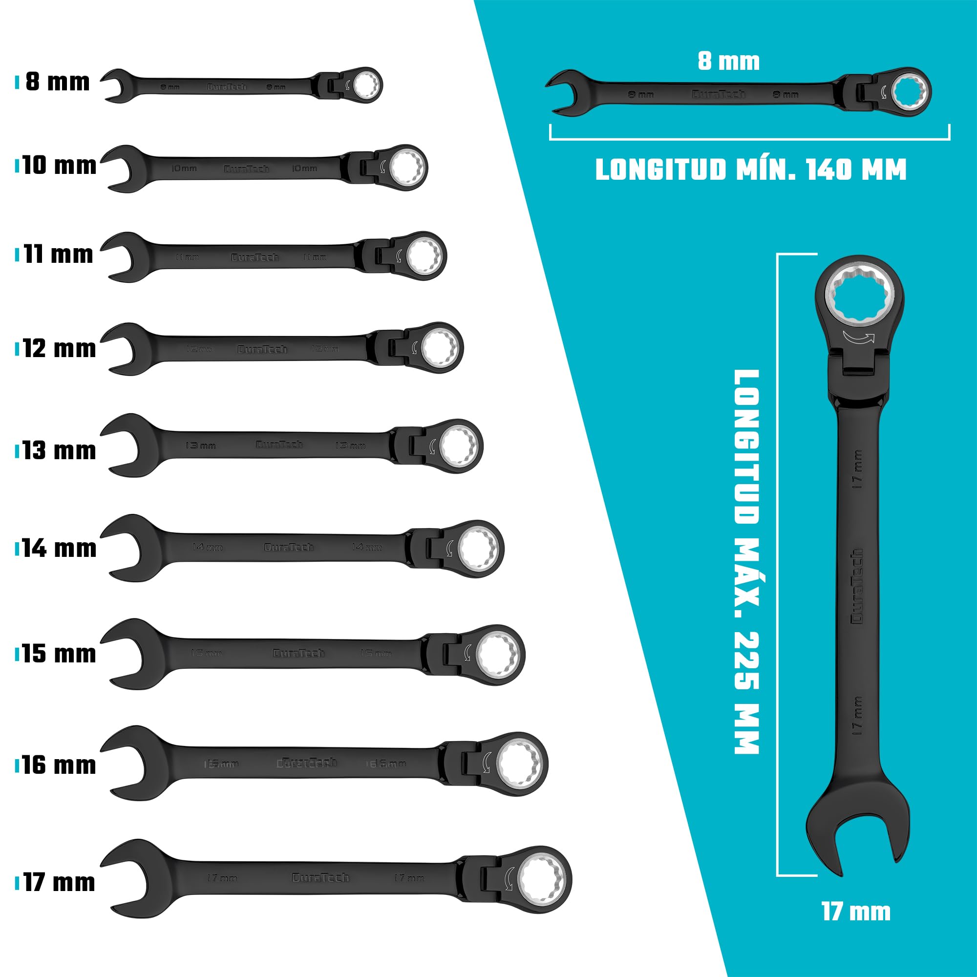 DURATECH Flex-Head - Juego de llaves de trinquete combinadas, 72 dientes, métricas, 9 piezas, 8, 10, 11, 12, 13, 14, 15, 16, 17 mm, revestimiento electroforético negro, acero CR-V, con bolsa rodante