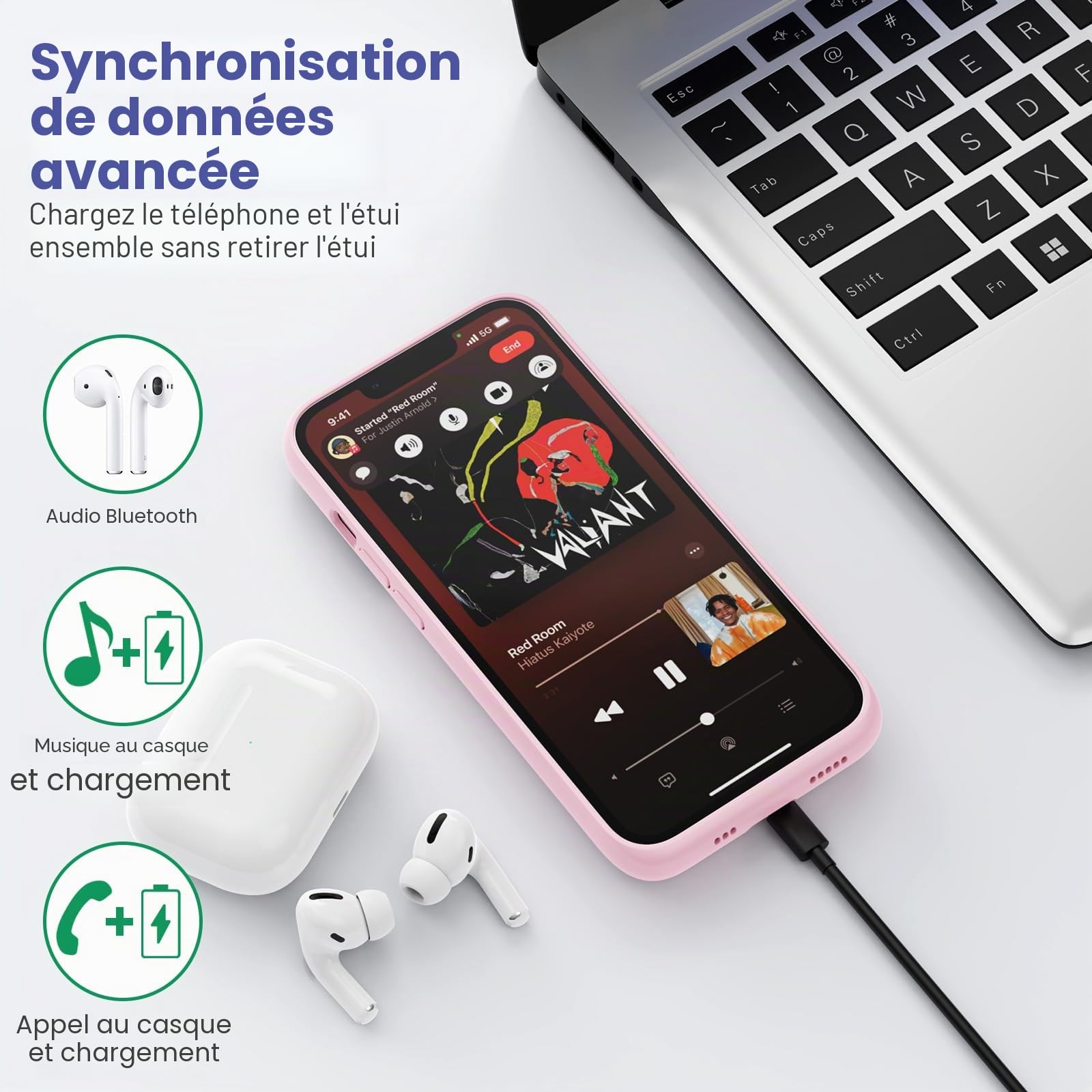 Coque Batterie pour iPhone 14/13 Pro/13 [7500mAh] - Chargeur Portable Rechargeable, Boitier d'Extension avec Verre Trempé - Étui Puissant pour iPhone 14/13 Pro/13 - Rose