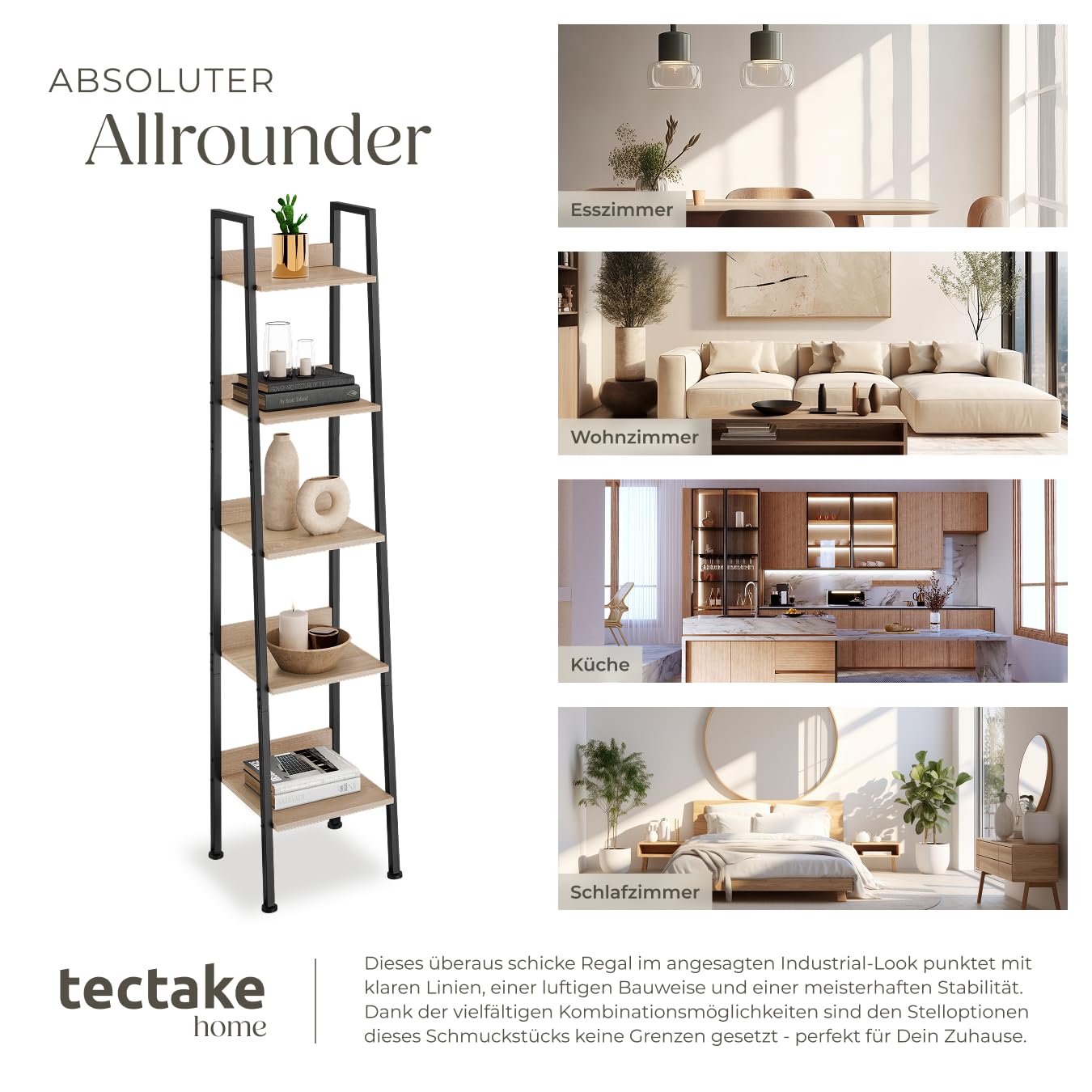 tectake® Leiterregal mit 4/5 Ebenen, schmales Regal, Standregal, Nischenregal, Möbel für Arbeitszimmer, Badezimmer Regal, Bücherregal Wand, 35,5 x 31,5 x 170,5 cm - Industrial Holz hell, Eiche Sonoma