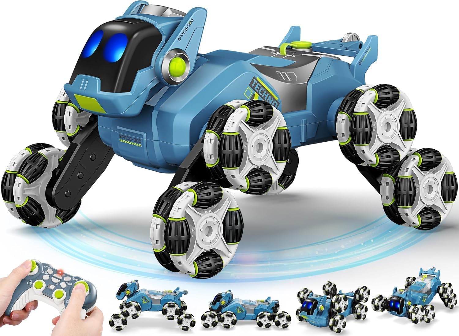Teksbar 8-Wheel RC Stunt Robot Dog — 2.4GHz Remote Control Pet Dog Toy with Drift Wheels, 360° Spins, LED Eyes, Cool Smoke Effect & Rechargeable Battery — Interactive Robotic Puppy for Kids