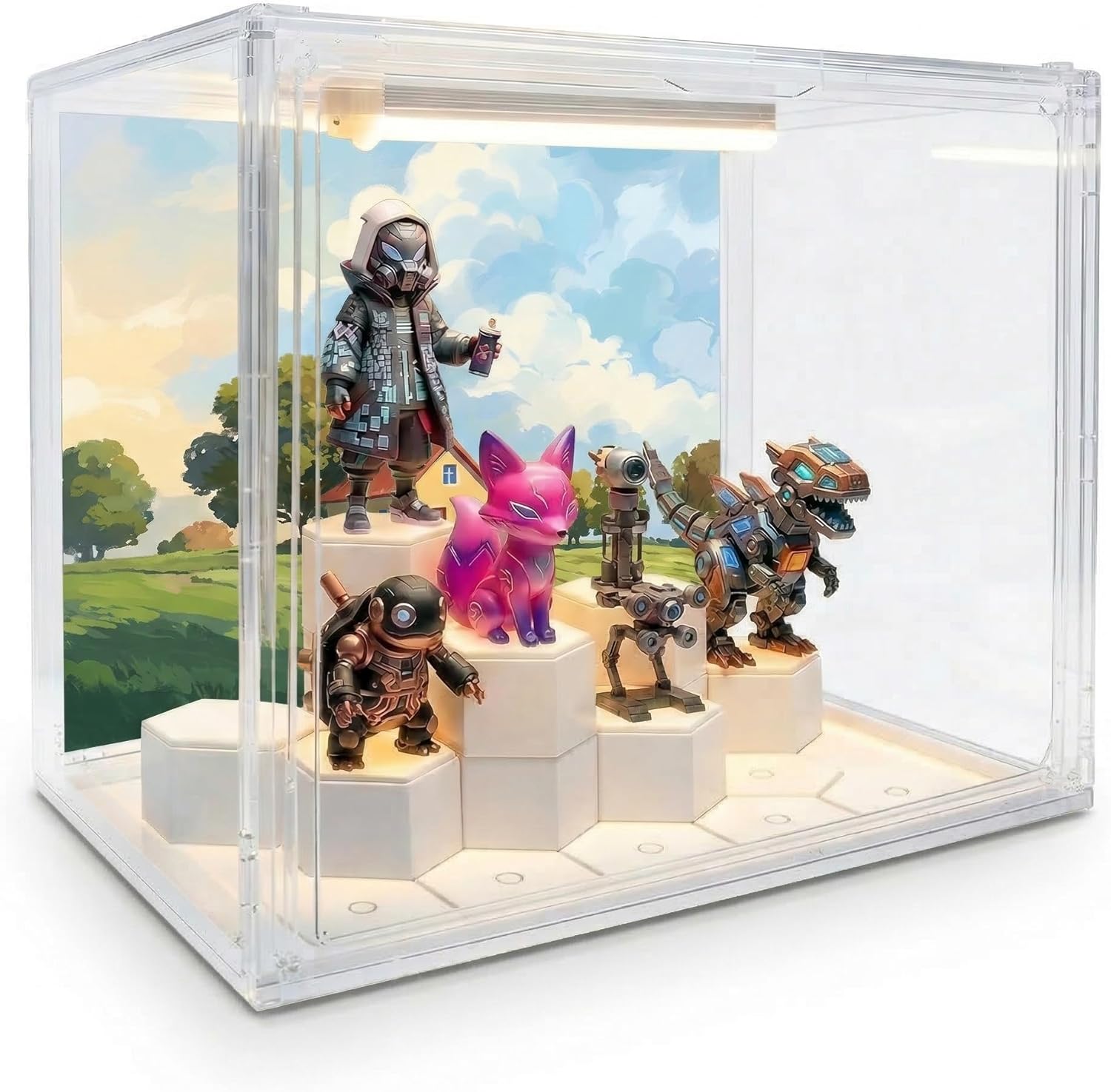Acrylic Display Case with LED Lights for Lego & Popmart, Stackable Clear Storage Box with Magnetic Door, Dustproof Showcase Organizer for Action Figures, Collectibles (Large)