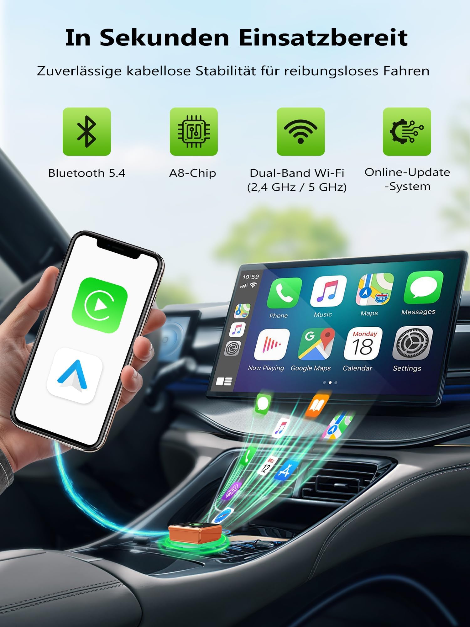 Adapter CarPlay bezprzewodowy USB: CarPlay i Android Auto bezprzewodowy, Plug & Play, automatyczne ponowne łączenie, niska latencja, kompatybilny z iPhone iOS 10+ i smartfonami Android, samochody