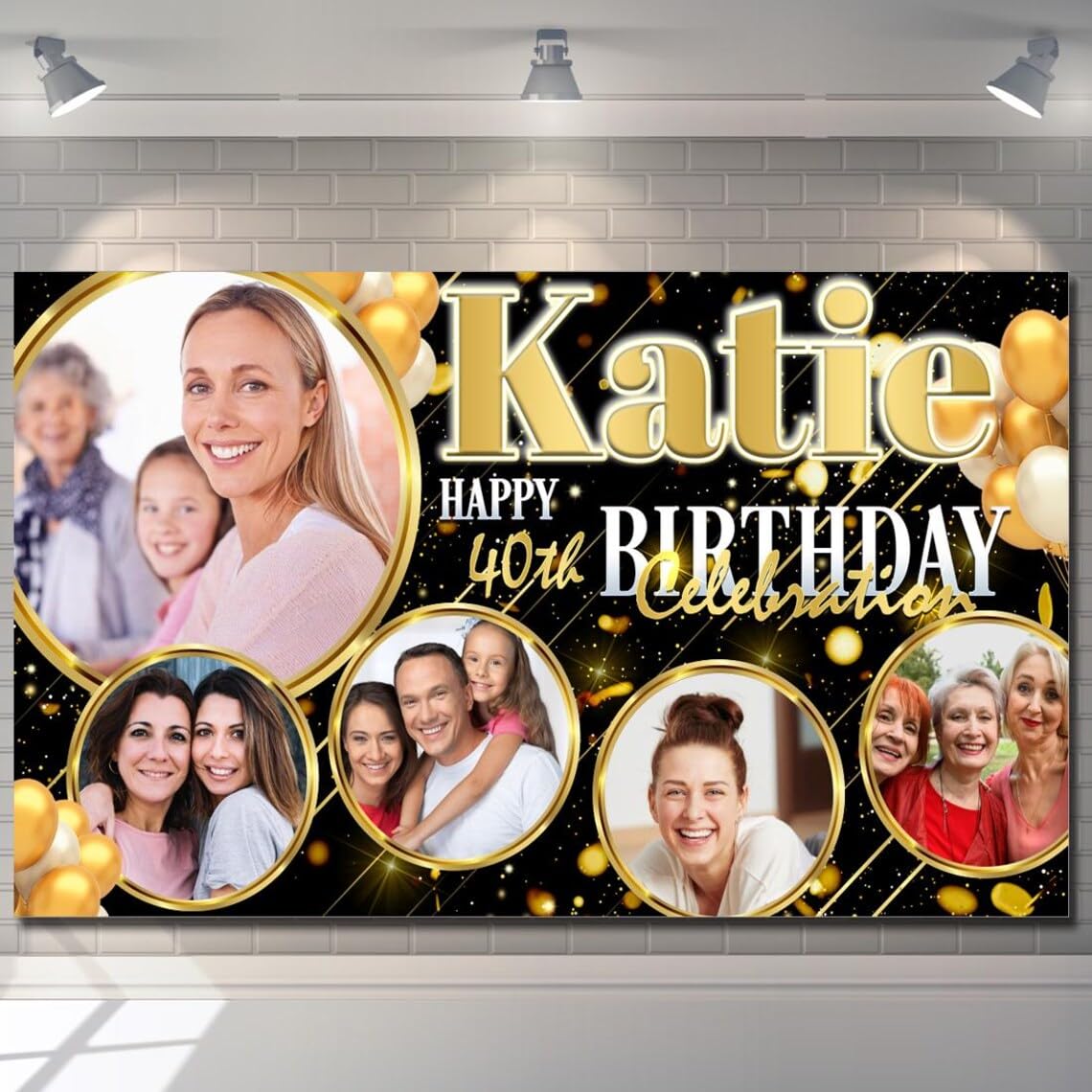 Personalised Photo Birthday Banner Custom Name Age Balloon Star Gold Pink