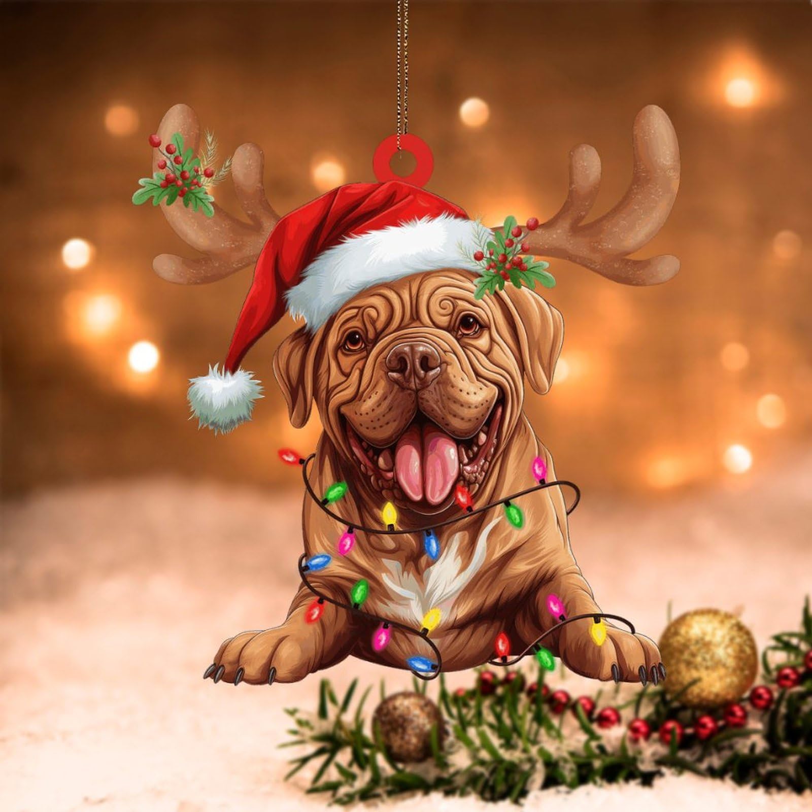 Podbyyou Dogue De Bordeaux Christmas Ornament Holiday Keepsake Acrylic Ornament Dog Lanterns Christmas Antlers Xmas Tree Ornament Gift For Dog Mom 2D Xmas Ornaments 5In