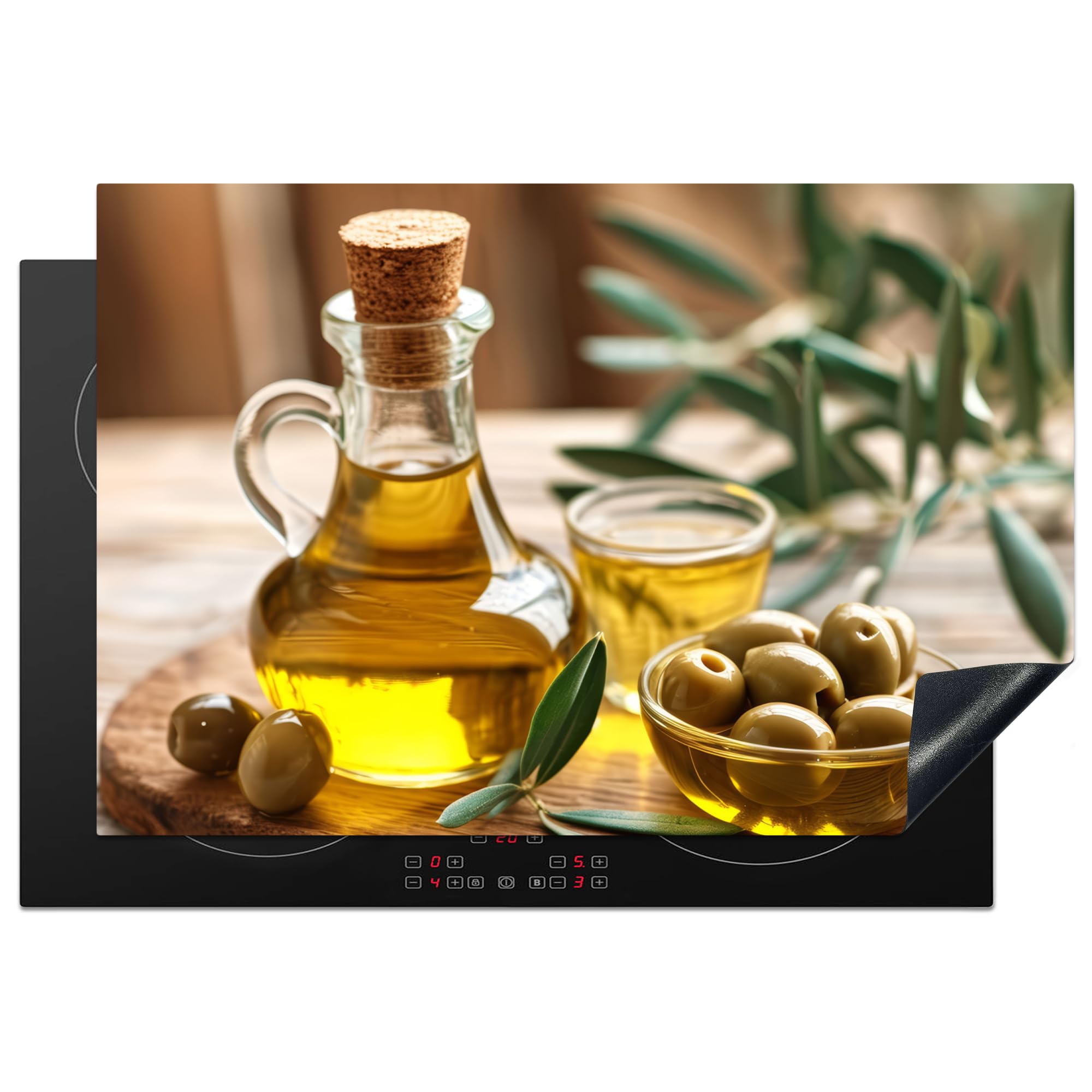 KitchenYeah© Induction Hob Protector Mat 20.3"x29.9" / 76x51.5 cm Stove Cap Top Cover Kitchen Cooker Covers for Electric Hobs Vinyl Olives - Shelf - Olive Oil - Leaves