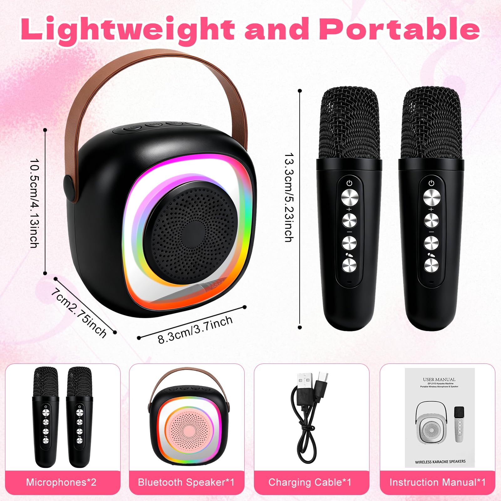 Karaoke Enfant avec 2 Microphones sans Fil, Micro Portables Karaoké, Jouet de Karaoké Bluetooth avec Voix Change et LED Lumière pour 3-12 Enfant Fille Cadeau Chanter Adulte (Noir)