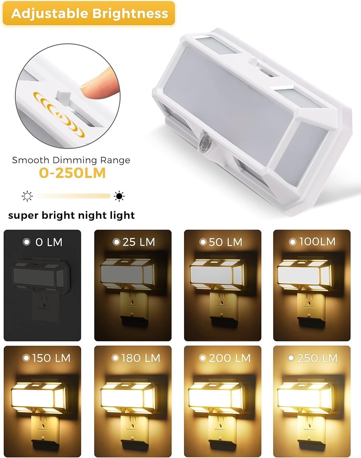 Helles LED-Nachtlicht zur Wandmontage, 0–250 lm, Dämmerungssensor, dimmbar (2 W), warmweißes Licht (3000 K) for Badezimmer, Flur, Schlafzimmer, Treppenhaus und mehr.