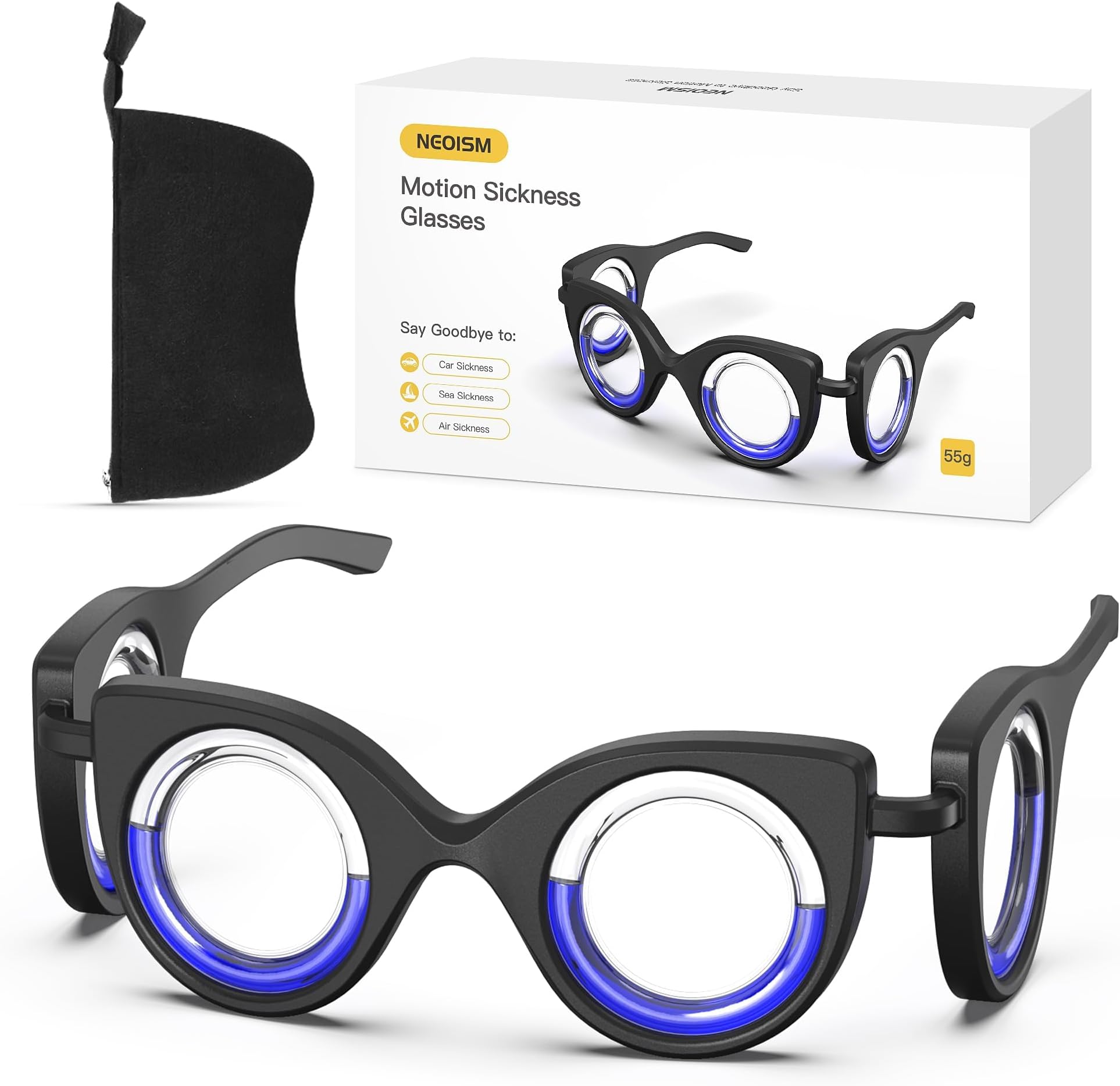 NEOISM Anti Motion Sickness Glasses, Car Sickness Glasses Relief Nausea & Dizziness, Portable Lensless Design for Car Sickness, Air Sickness, Sea Sickness, Road Trip Essentials, Full Black Bag