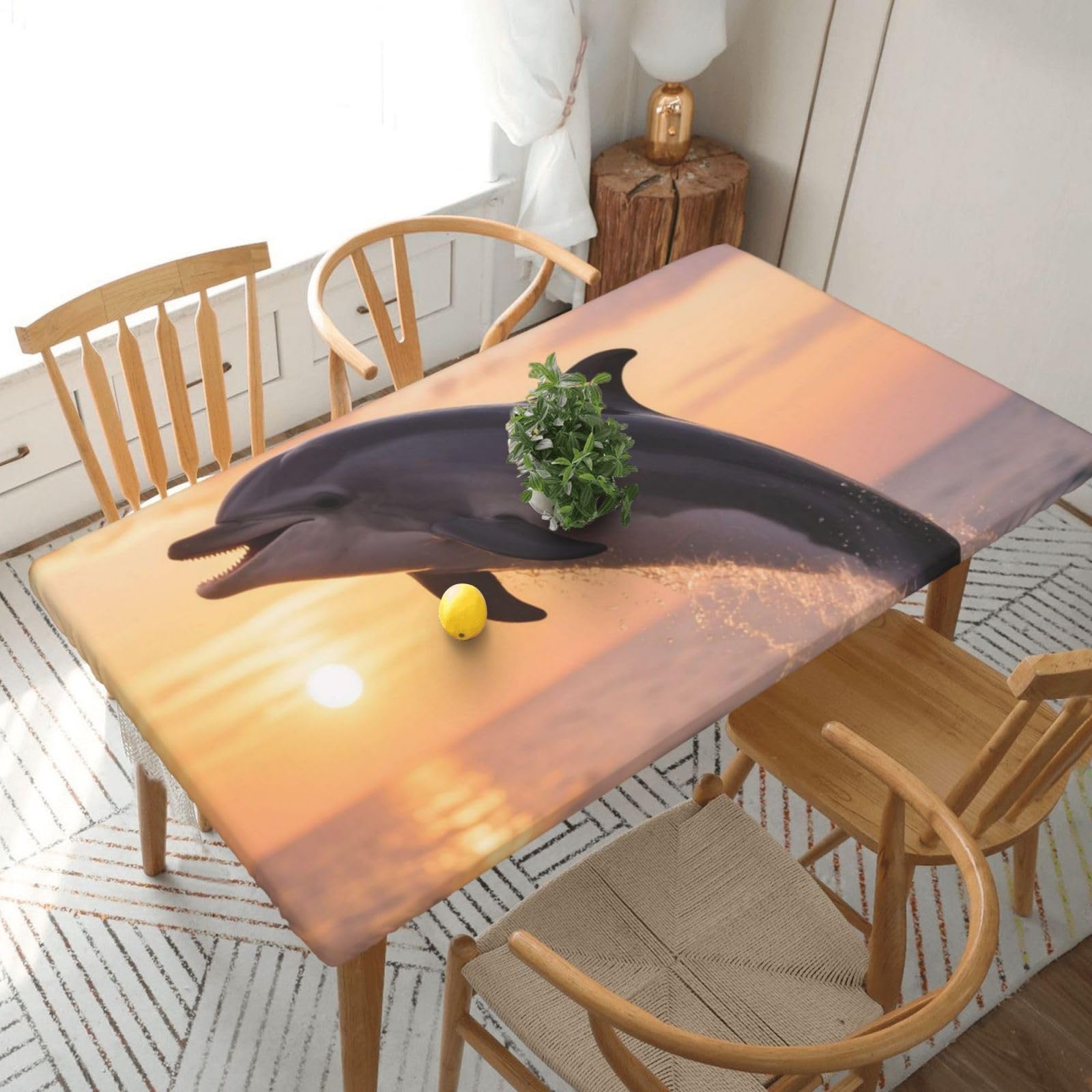 Fodpand Black Dolphin Sunset Spandex Fitted Tablecloth For 5 Foot Rectangle Tables,Waterproof Picnic Table Cover Stretch Table Cloth Washable Table Protector For Picnic, Camping, Outdoor