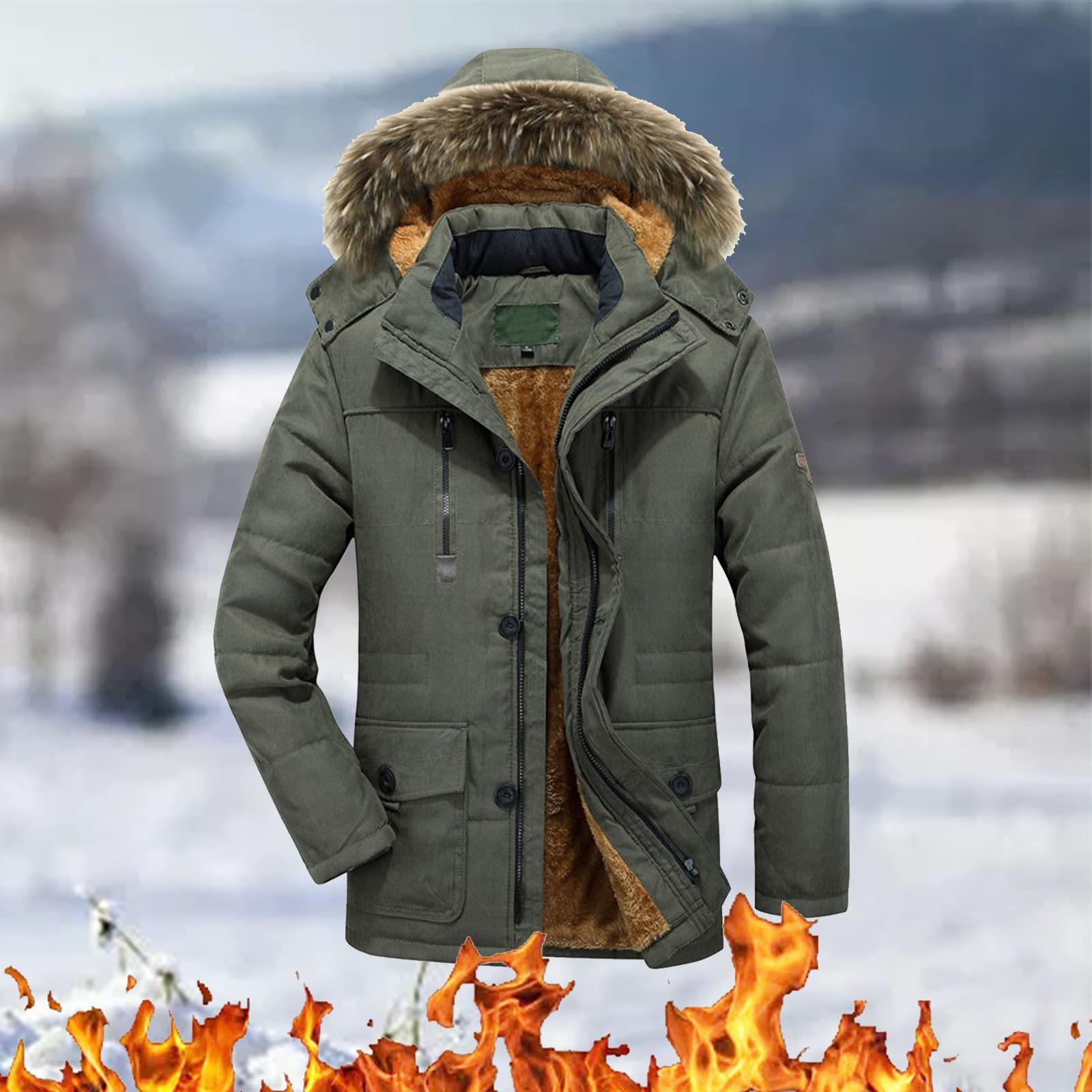 Parka da uomo pesante con cappuccio in pelliccia parcheggiata, con cappuccio staccabile ispessito caldo con cappuccio, giacche invernali da uomo, piumino termico, cappotti lunghi, comodi e imbottiti