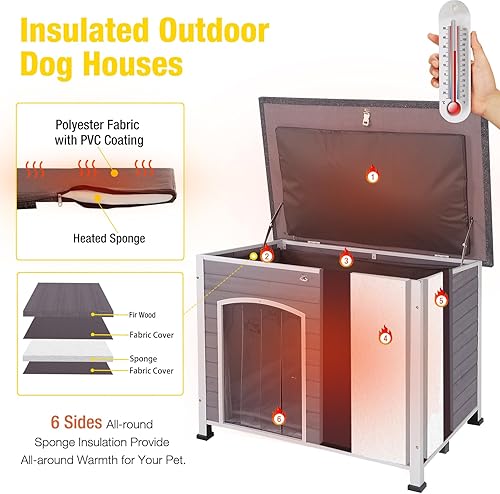 Miniatura 5 de Casa aislada para perros al aire libre con forro para perrera de madera de invierno con marco de hierro completo, impermeable