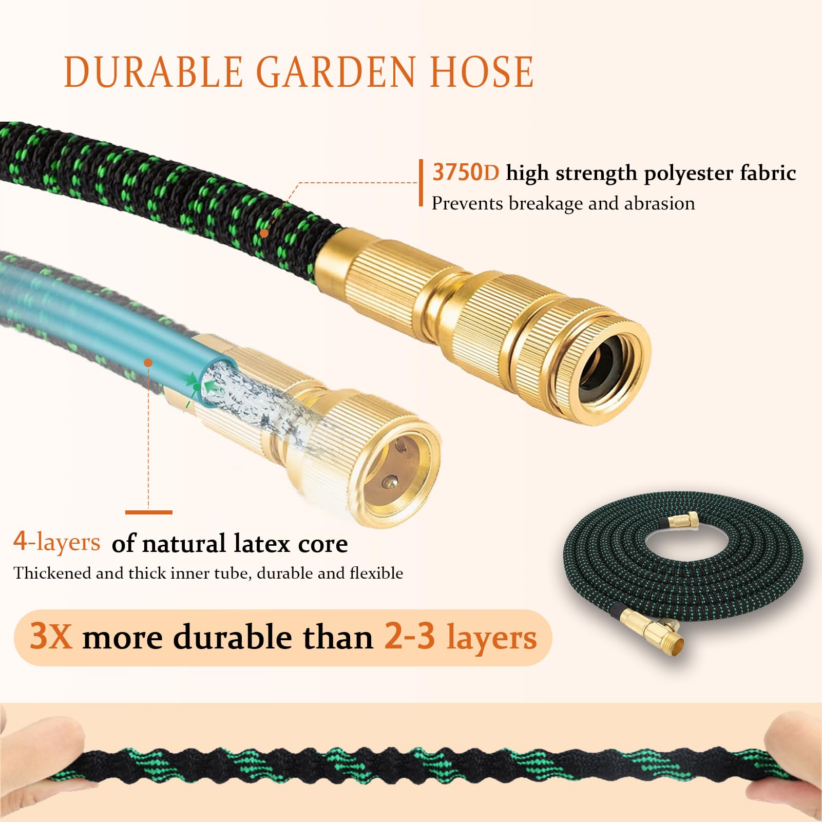 Tubo da Giardino Estensibile 50m – Antigoccia con 10 Modalità Spray, Tessuto 3450D Rinforzato & Attacchi in Ottone – Leggero e Compatto per Terrazzo, Lavaggio Auto (Green,100FT/30M)
