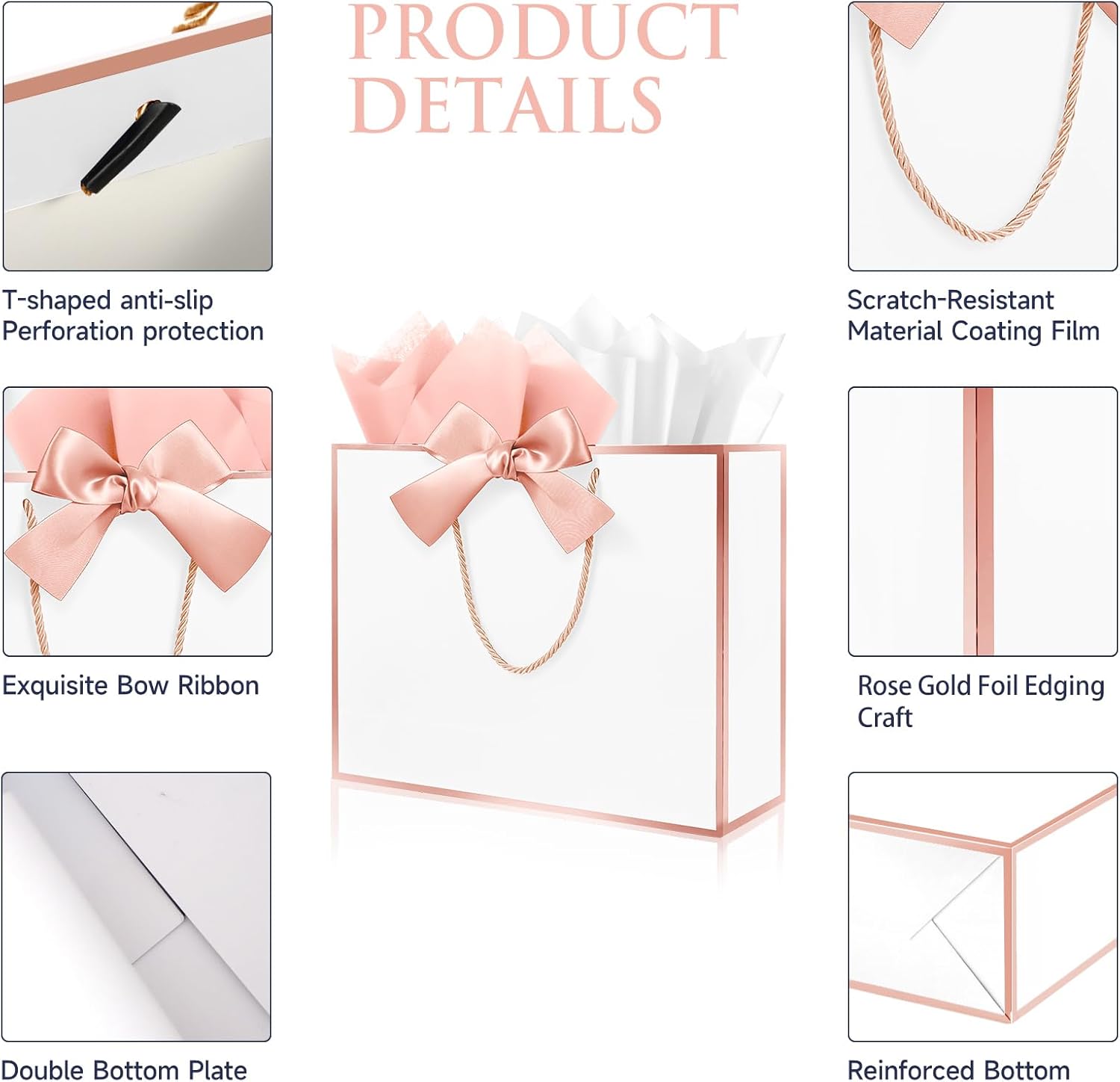 12 Pack Gift Bags with Handles Include Tissue Papers & Cards, Medium Size 12.6×10×4'' Thank You Gift Bags Medium Size for Birthday, Baby Shower, Wedding, Mother’s Day, Bridesmaids (White and Rose Gold) - Image 3