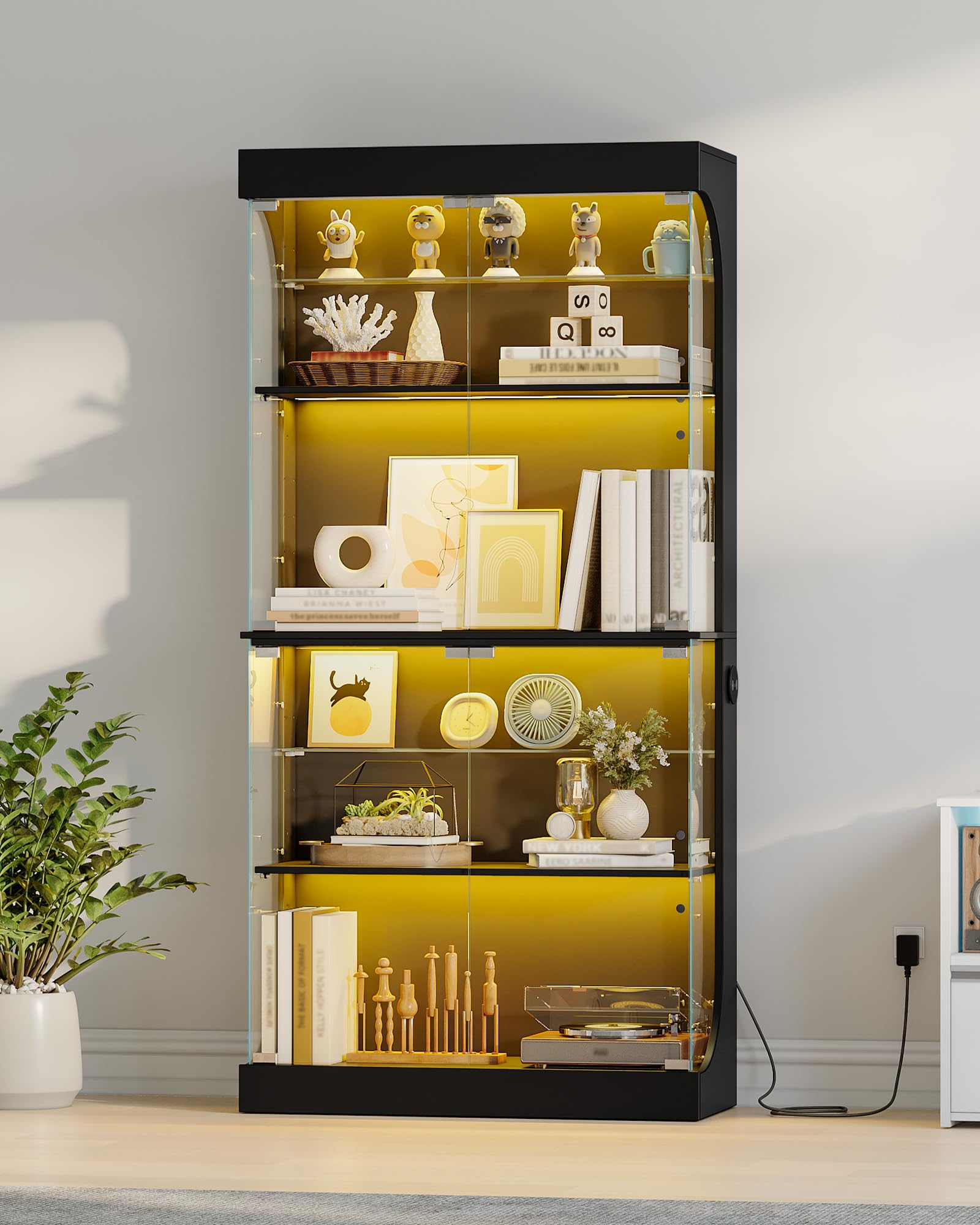 Hzuaneri Vitrine, Glastvitrine mit Intelligente Sensorik, Vitrinenschrank mit RGB-Leuchten, mit 6 Regalen, für Büro, Wohnzimmer, Schwarz, 35 x 80 x 165 cm, DC00206XEU