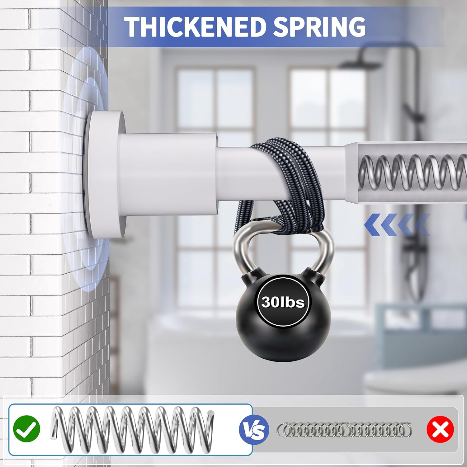 Shower Curtain Rod 36-98 Inches (3-8.2ft) Non Rust Adjustable White Shower Rod Spring Tension Non Slip No Drilling Stainless Steel Shower Rods for Bathroom Window