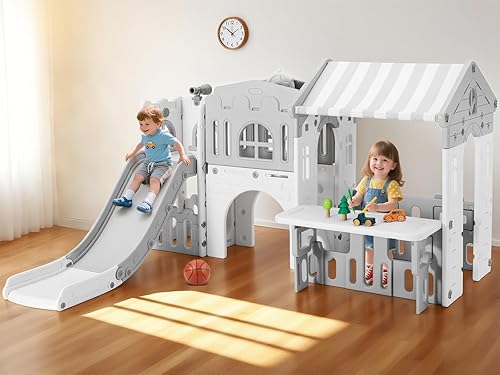 Miniatura 2 de JOYLDIAS Tobogán 9 en 1 para niños pequeños, juego independiente de escalador para niños, casa de juegos para niños pequeños con tobogán, aro de
