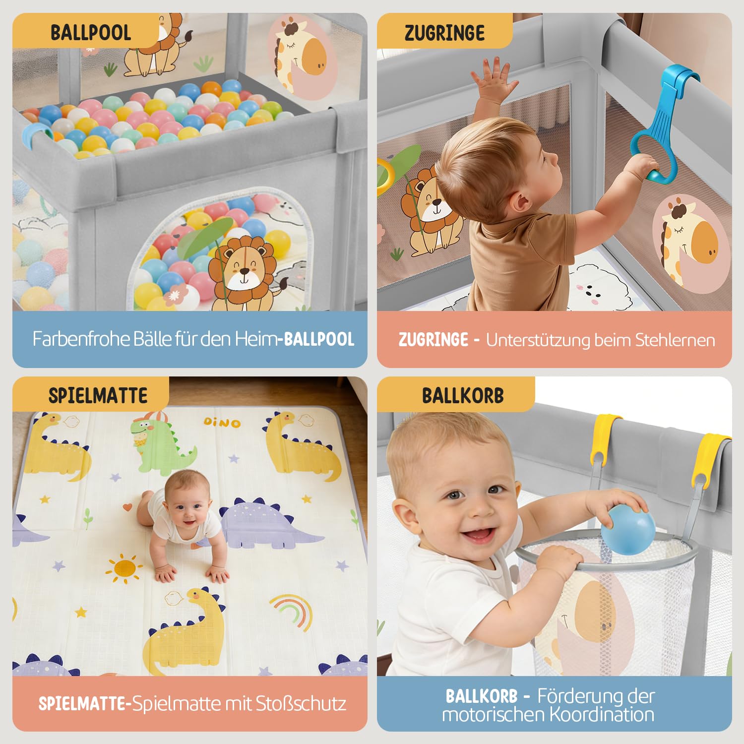 Box Bambini 120x120 con Tappeto, Box per Bambini 360° Rete Traspirante, Tessuto Oxford, Base antiscivolo, Porta con Cerniera, Sicurezza Antiscivolo Robusta Centro Attività, Leone Grigio