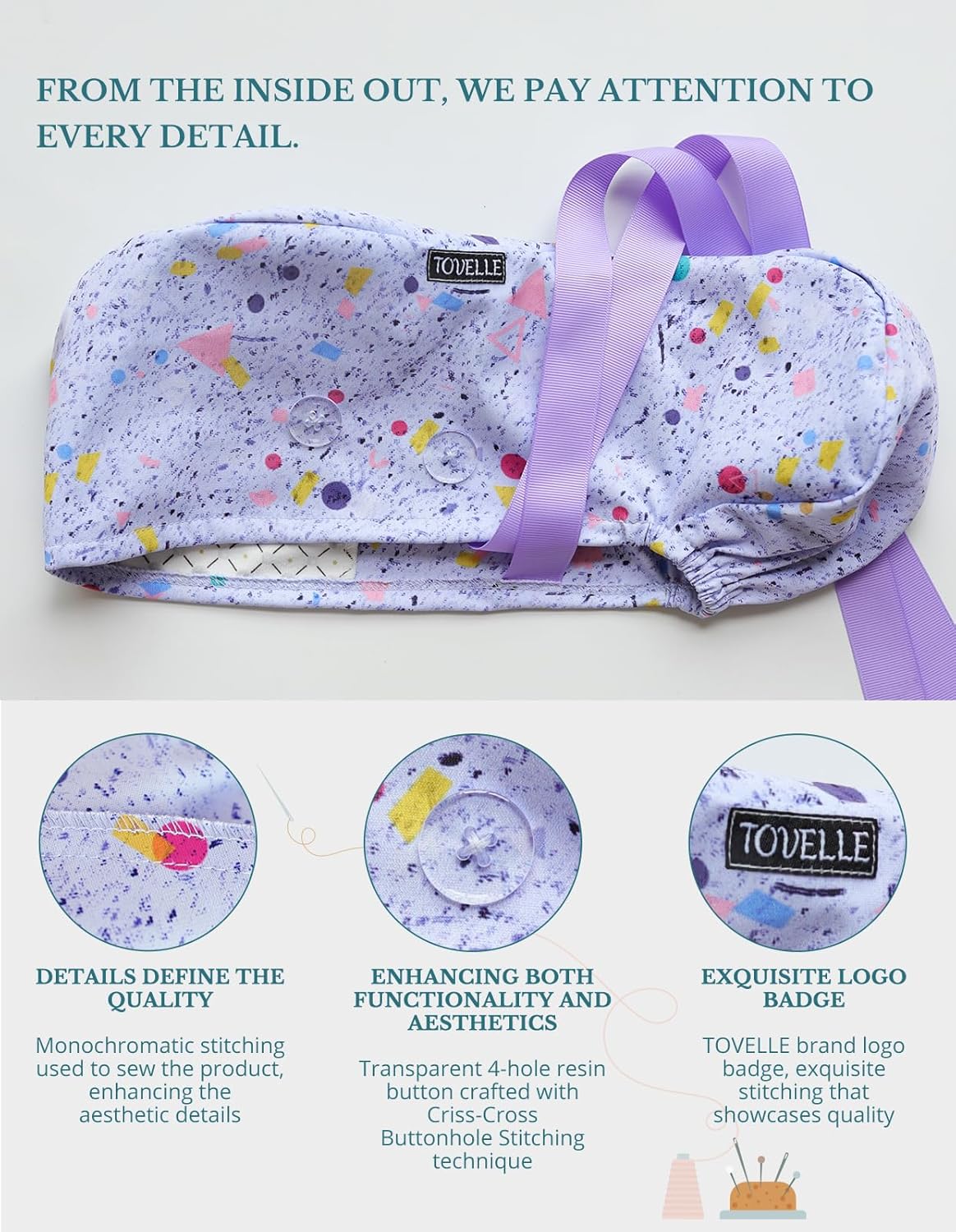 Ponytail Scrub Cap for Women – Confetti White Double-Sided Printed Surgical Hat with Buttons and Sweatband, Soft Nurse Cap for Long Hair, Helps Reduce Static Buildup - Image 2