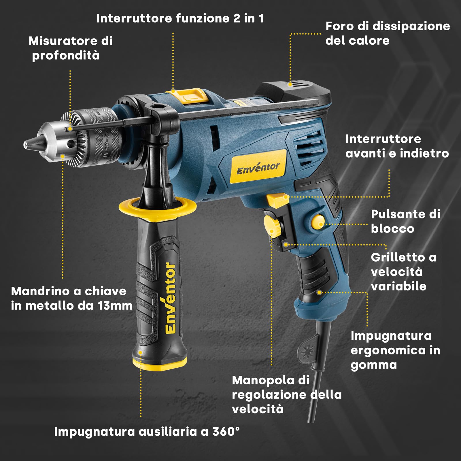 Enventor Trapano a Percussione 750W, Impugnatura Ausiliaria a 360° | Funzione 2 in 1, 0-3100RPM, Mandrino da 13MM, Trapano Elettrico a Filo per Calcestruzzo, Metallo e Legno