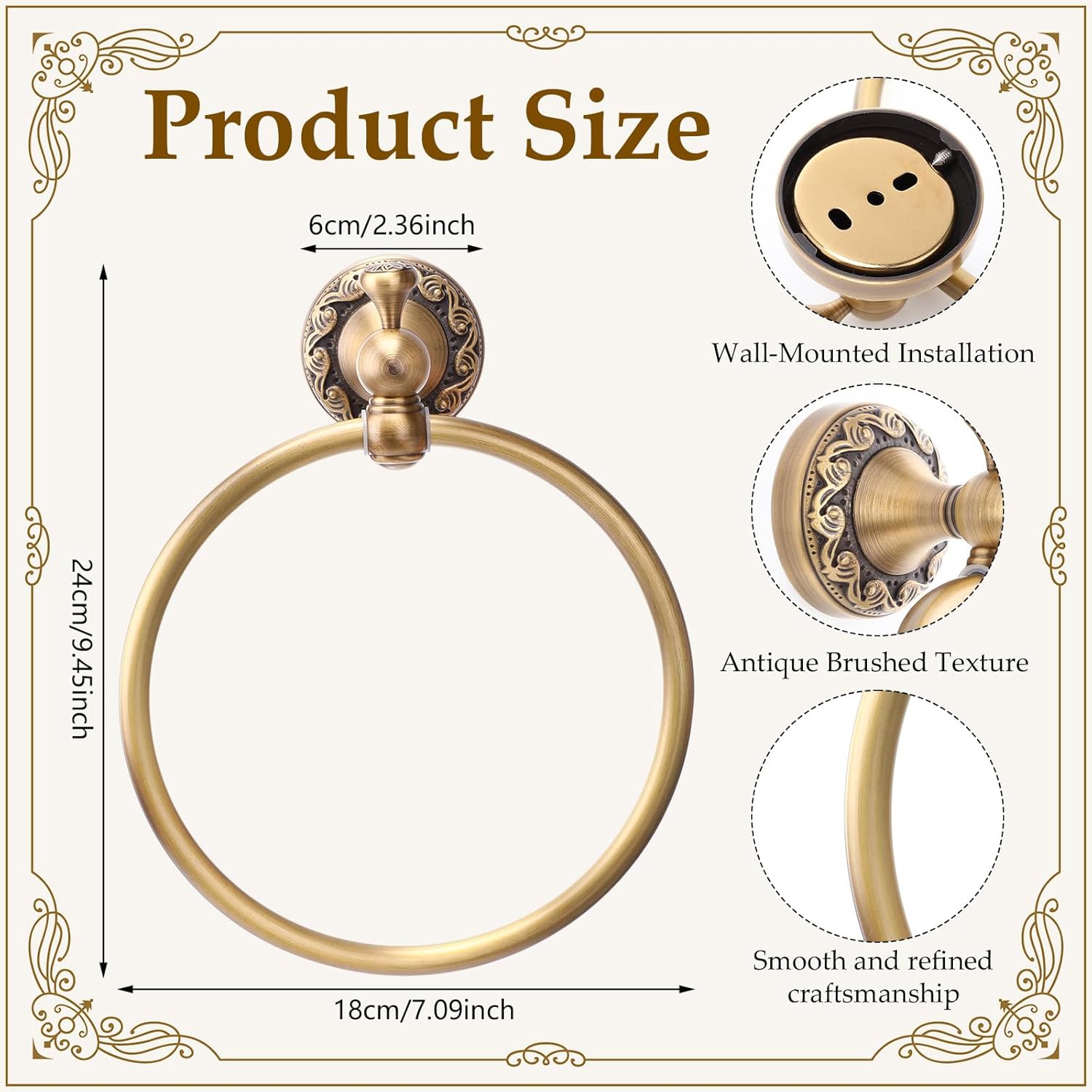 Hicarer 2 Pcs Brass Towel Ring Retro Gold Round Hand Towel Holder Wall Mounted Vintage Decorative Bathroom Accessories Brass Embossed Petal Series for Bathroom Kitchen Accessories Handmade