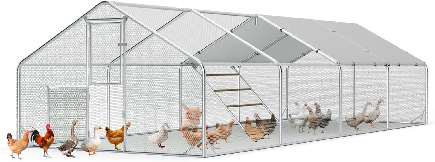 Sannwsg Large Metal Chicken Coop with Run, Walk in Chicken Pen with Waterproof Cover, Secure Lock, Heavy Duty Poultry Cage with Feeding Door for Outdoor Farm Use（26x10 FT