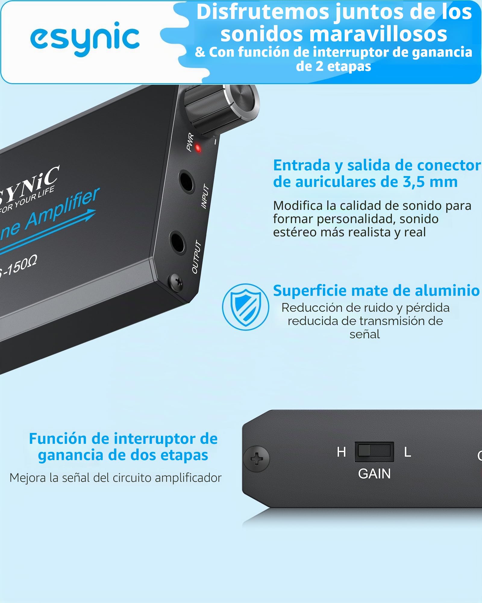 eSynic Amplificador de Auriculares Portátil HiFi 3.5mm Audio Jack con Interruptor de Ganancia de Dos Etapas Cable USB y Cascara de Aluminio para Teléfonos MP3 MP4 Reproductores Digitales y Ordenadores