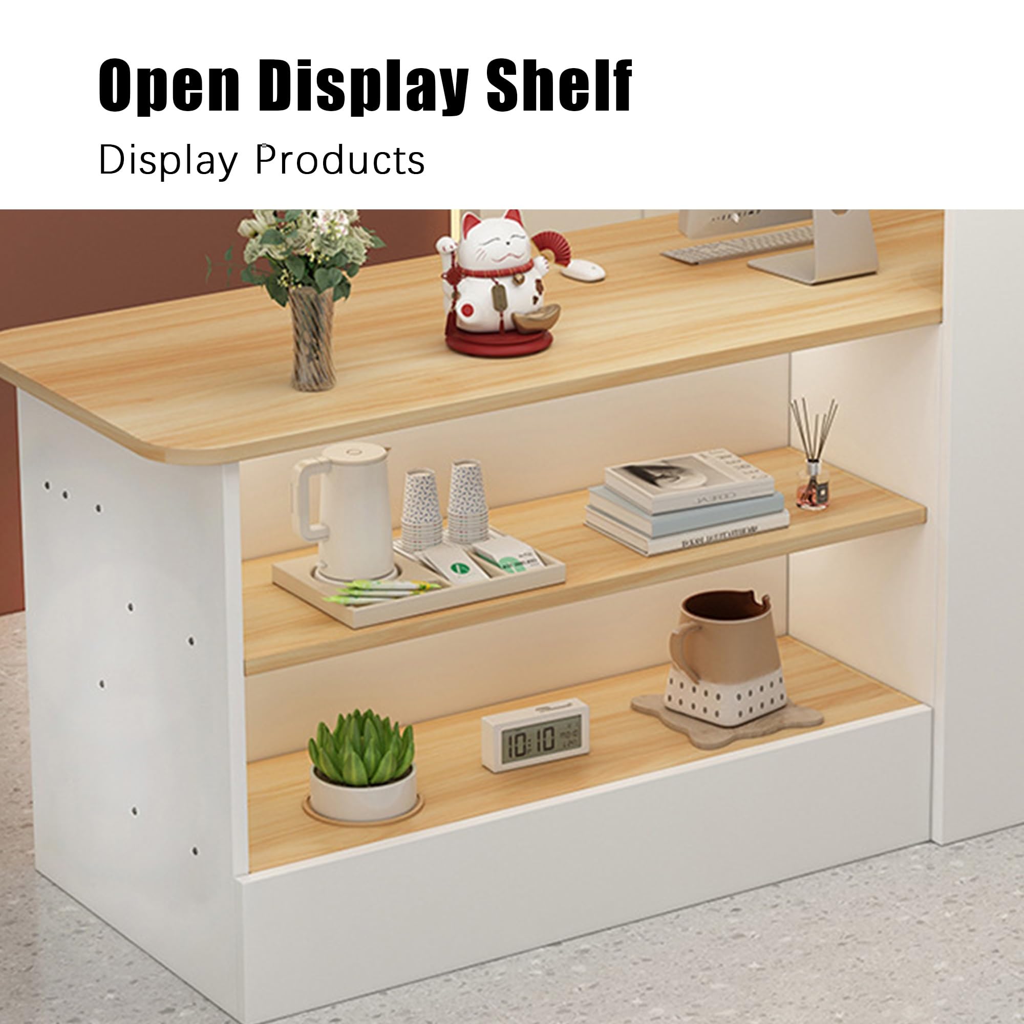 Mostrador de recepción con cajón y estantes Abiertos con Esquinas Redondeadas for Oficina, salón, Tienda y cafetería(Beige-Right,120cm)