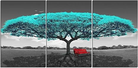 Amazon 青い木赤いベンチのイラスト ポスターと版画壁アート写真北欧シンプルなフレームレス家の壁画トリプティック壁アートキャンバス絵画ポスターと版画壁アート写真暖かい家の装飾 ウォールステッカー オンライン通販