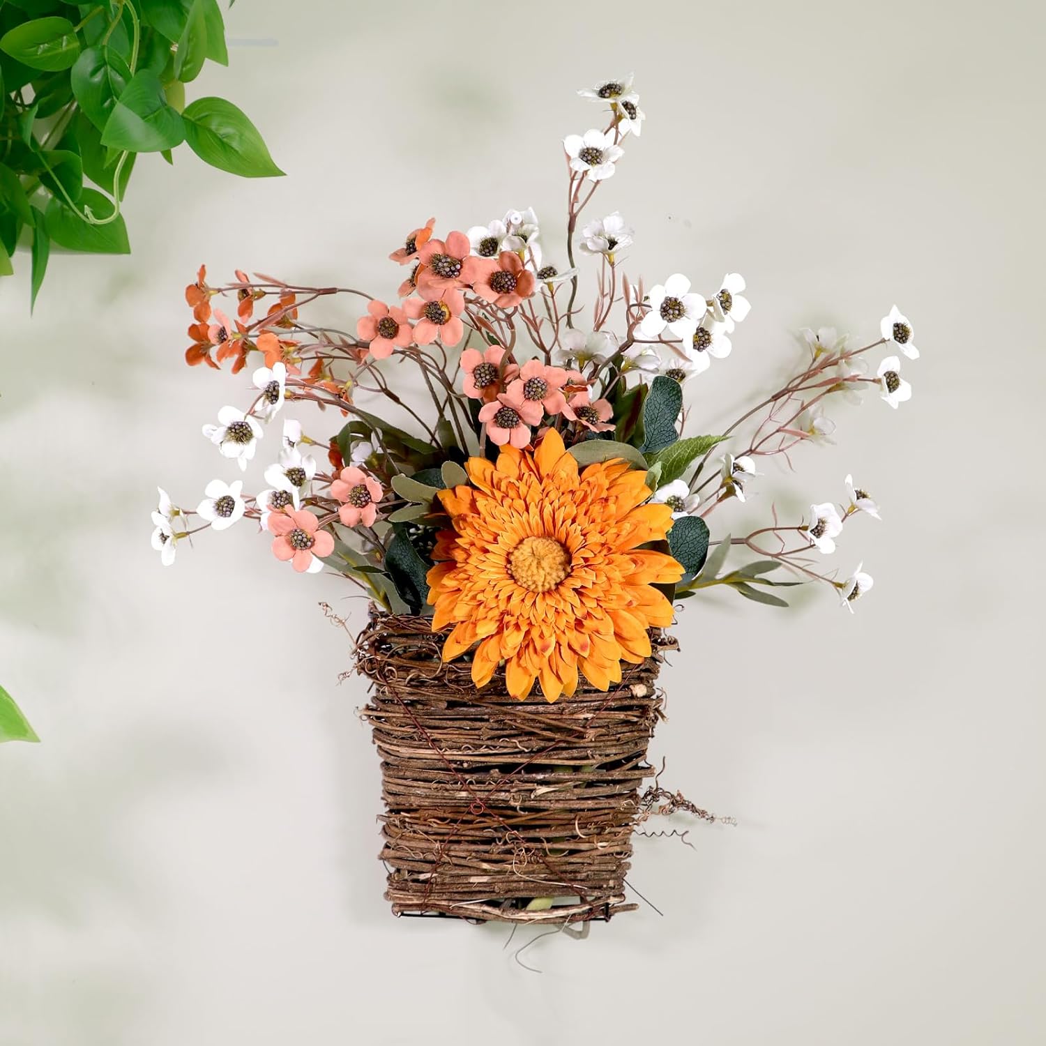 Artificial Fall Floral Arrangement in Rattan Basket, Orange Sunflower with Pink White Flowers, Rustic Autumn Decor for Front Door, 19.69x17.72 Inches