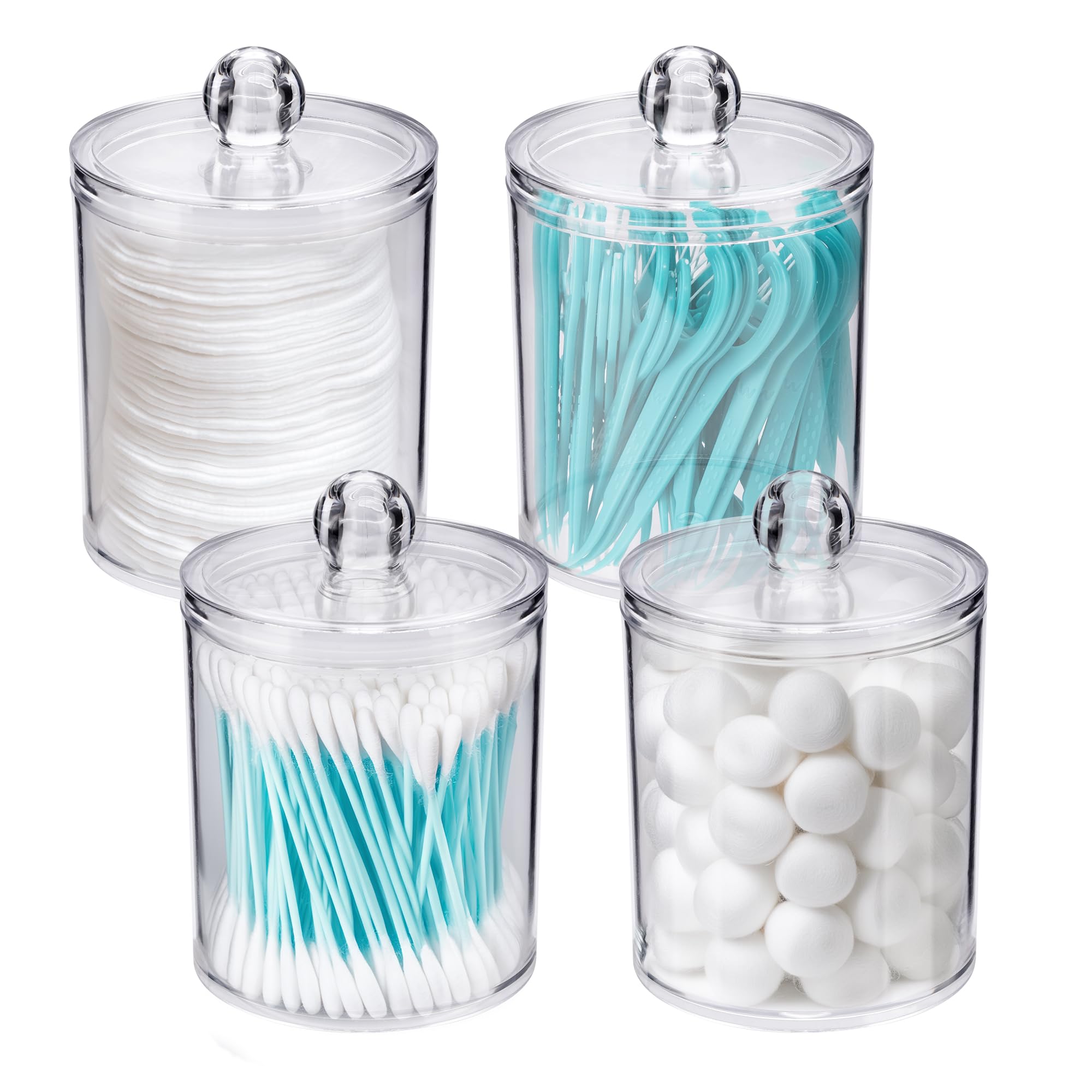 WEISHI 4 Pack Qtip Holder Dispenser - Cotton Ball, Swab, Round Pads, Floss , Small Clear Plastic Apothecary Jar Containers with Lids for Bathroom Storage and Organization, Vanity Organizer