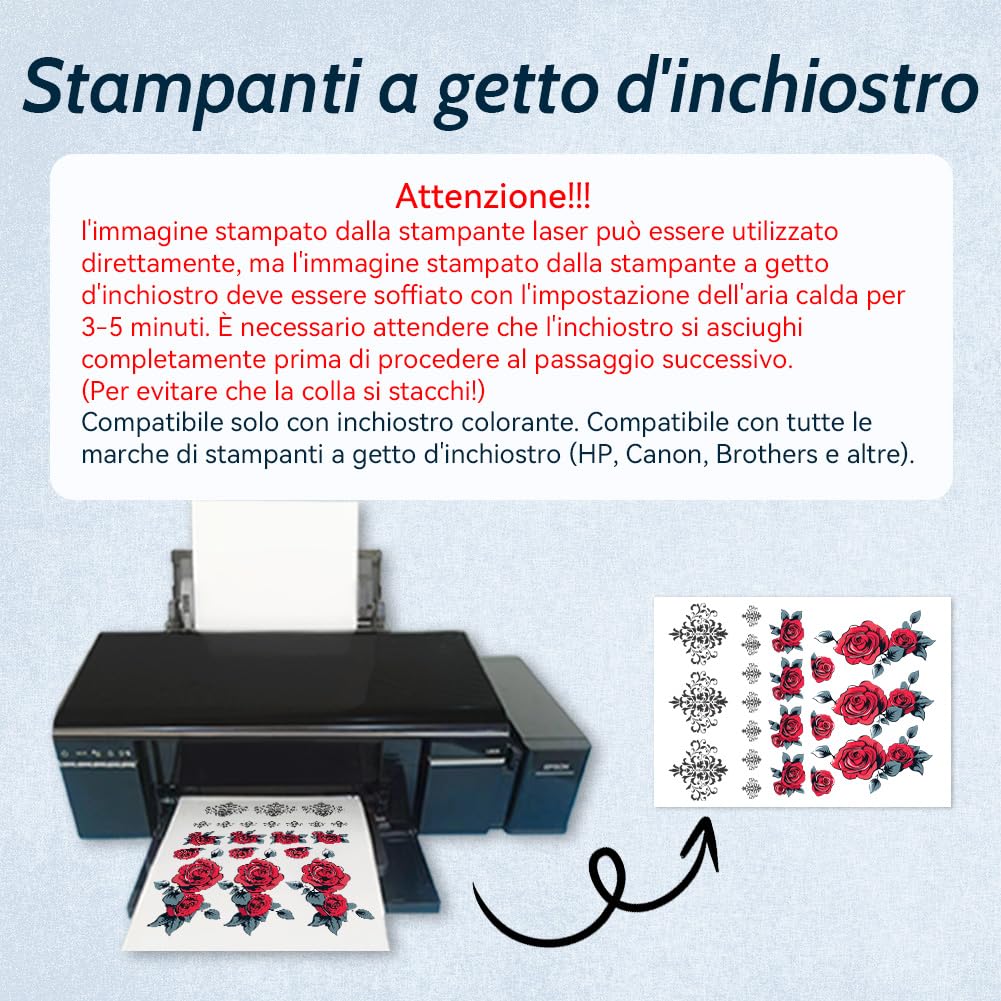 A4X5 Carta per Tatuaggi a Getto d'inchiostro/Laser,Lamina per Tatuaggi Fai da Te per Stampa, Candele, Tatuaggi temporanei, Decalcomanie Stampate(WT-11-5)