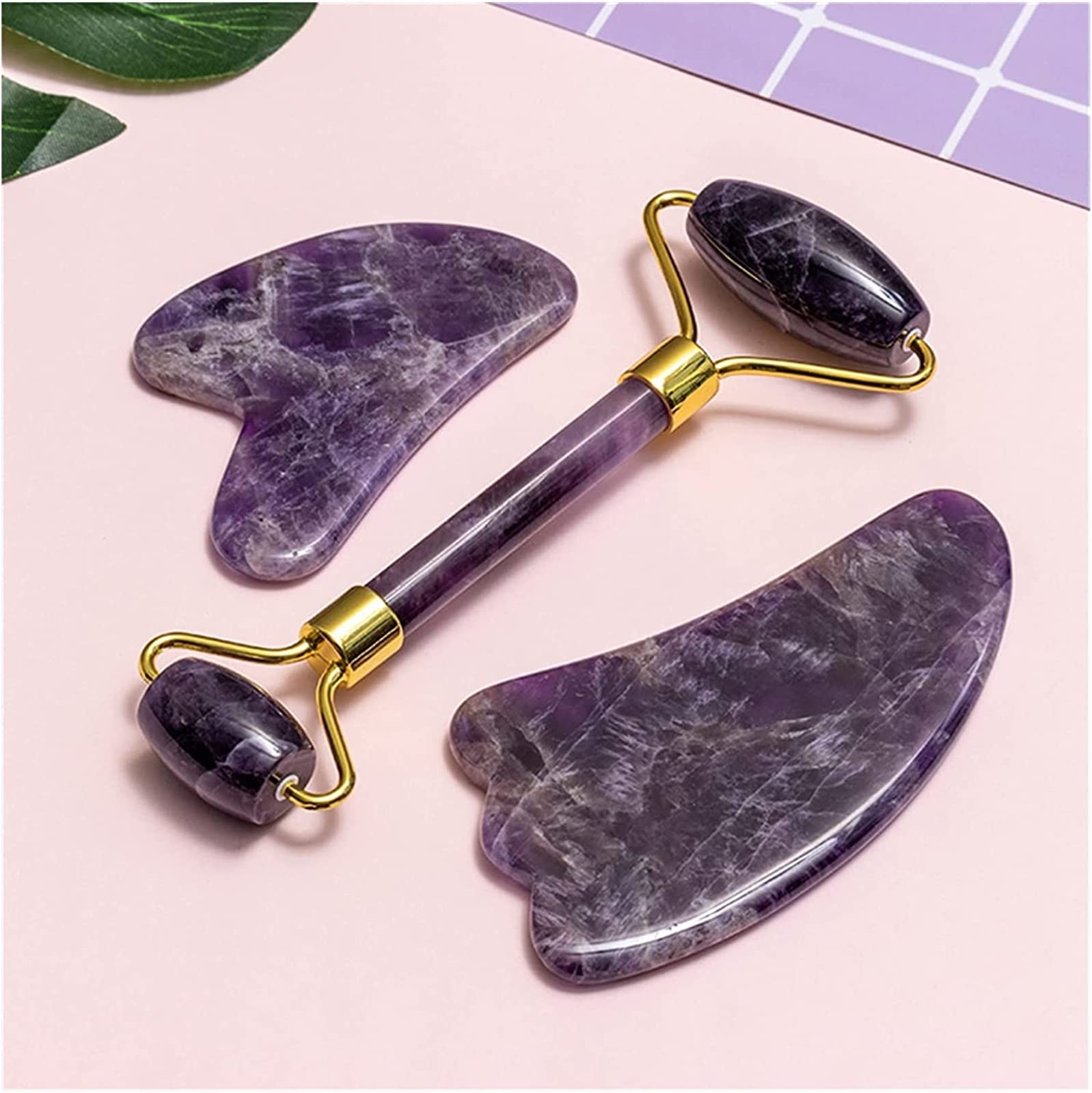 Amatista Piedra en bruto Amatista Masajeador Piedra natural Rodillo facial Conjunto de herramientas Gua Sha SPA Acupuntura Raspado Cristal Cuerpo Cara Cuidado de la salud Masaje decoración de la habit